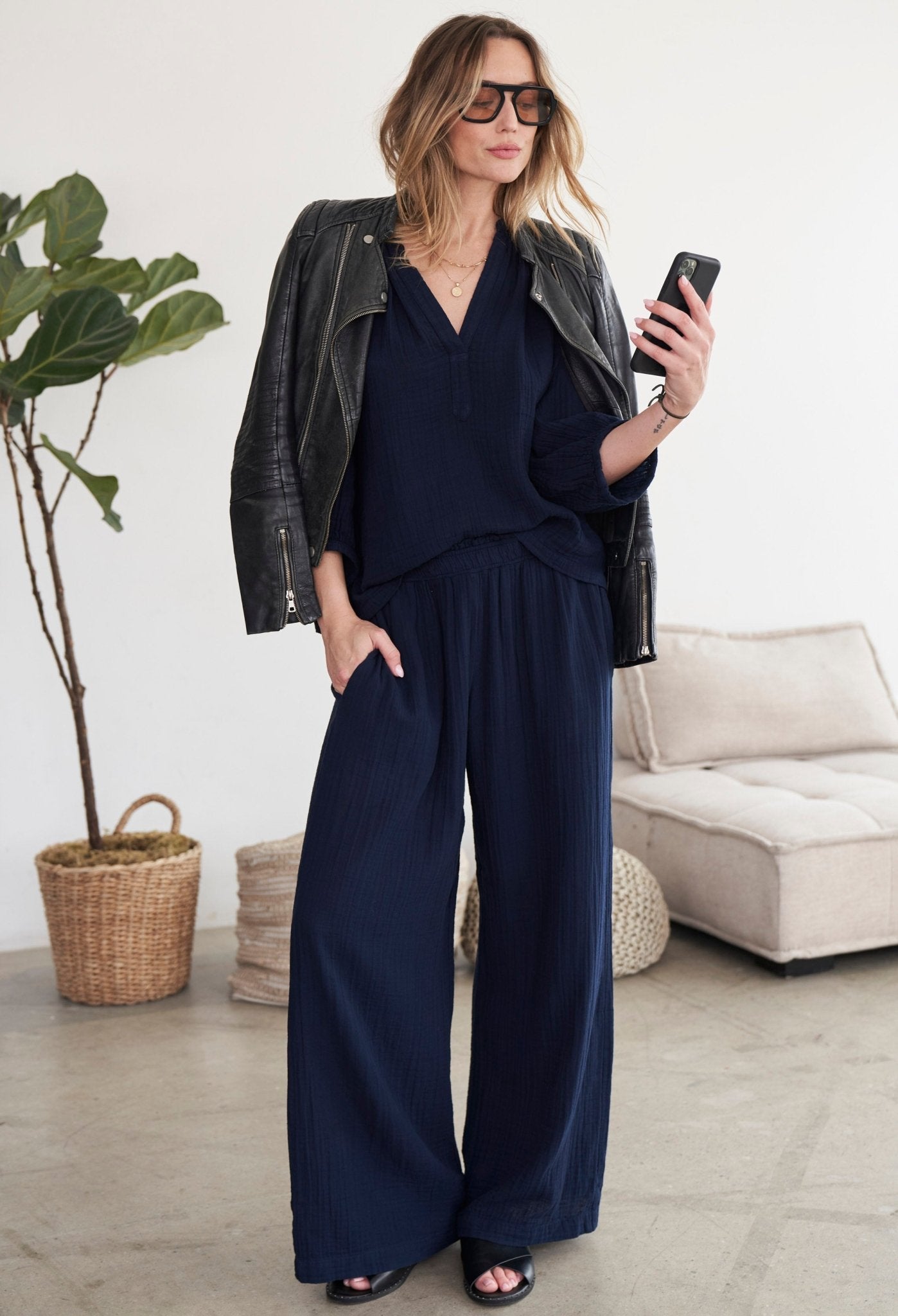 FEW LEFT! Navy Gauze Palazzo Pant WITHOUT Satin Belt - Sale - ocean+main