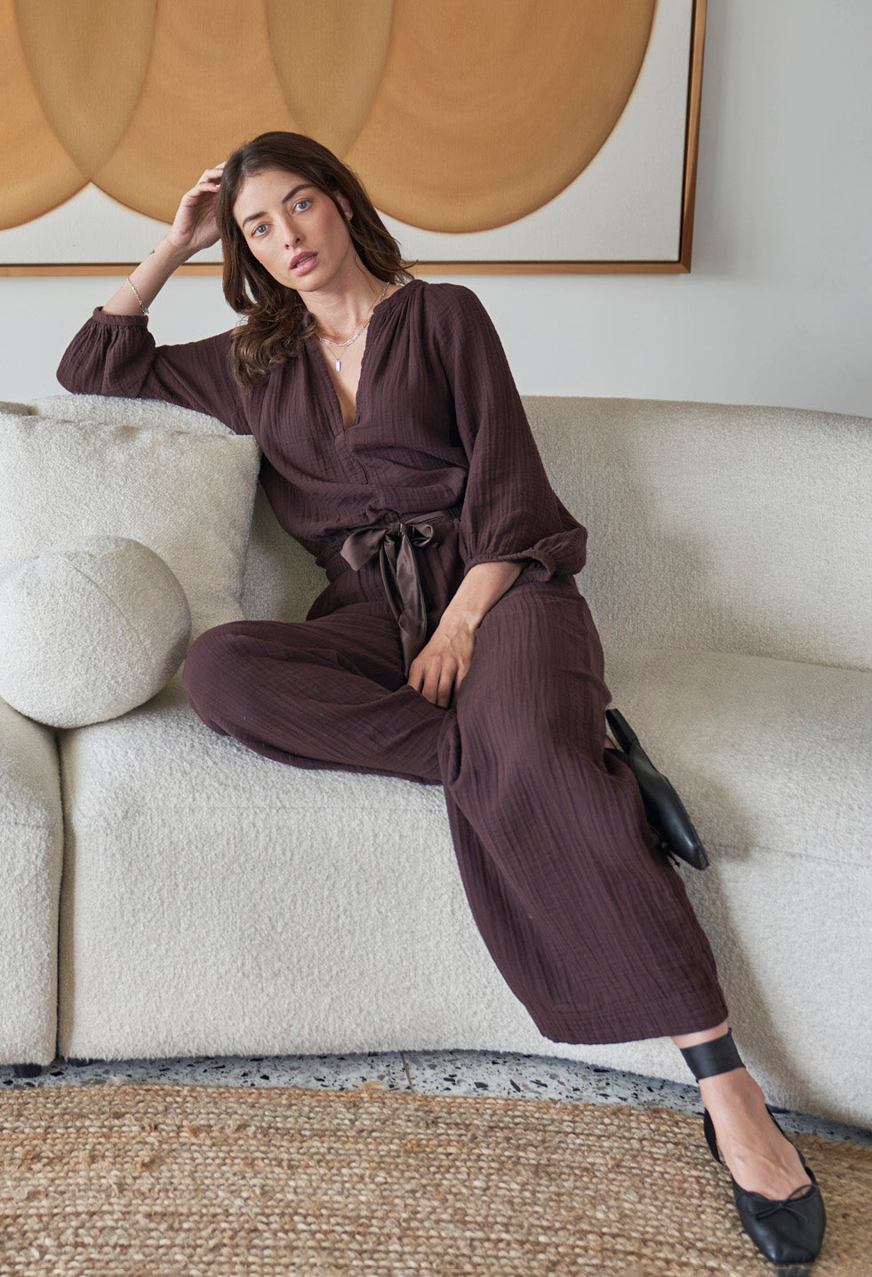 Chocolate Gauze Palazzo Pant with Satin Tie Belt
