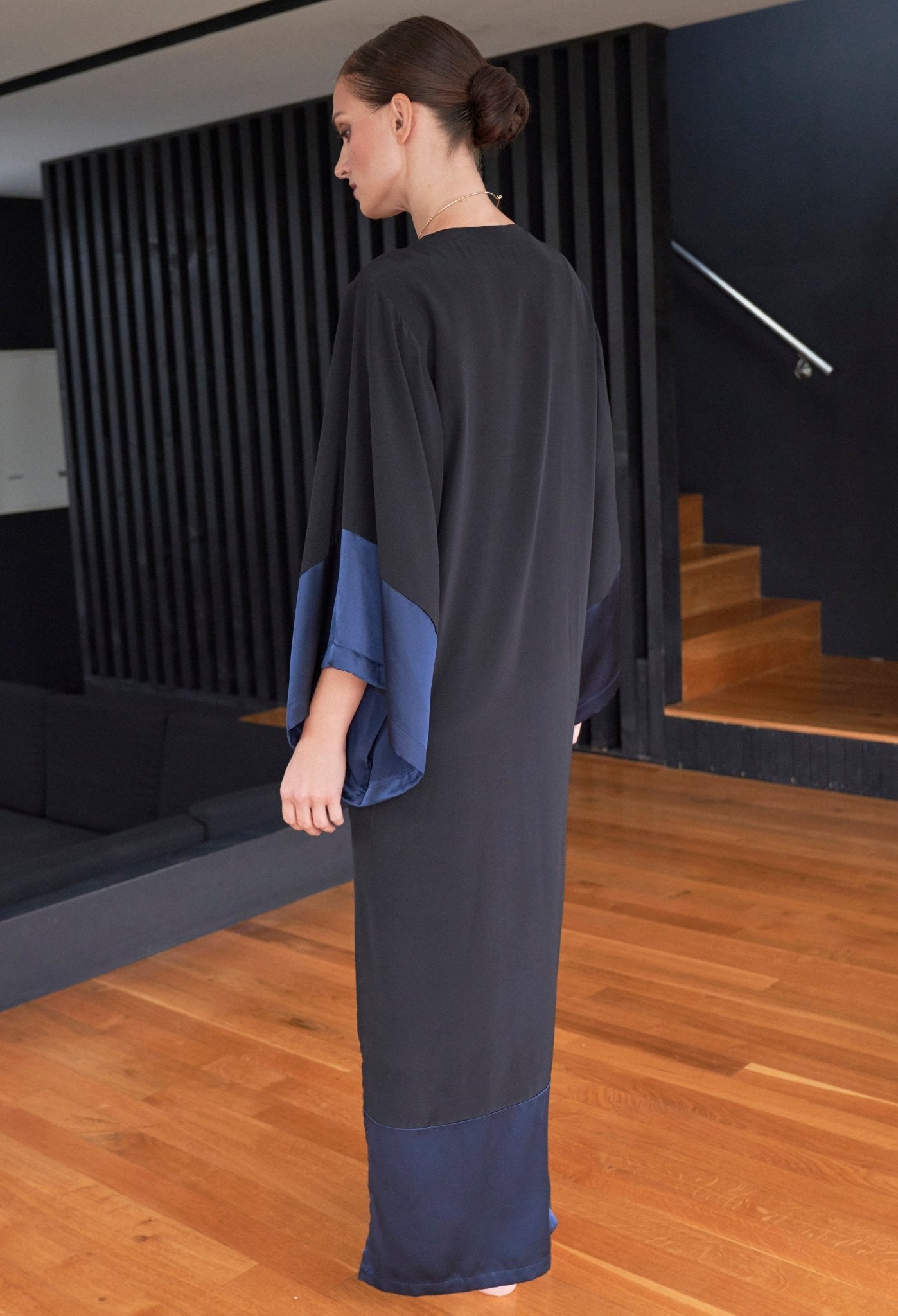 Kimono Sleeve Silk Tunic Dress with Keyhole Neckline - Black and Navy - ocean+main