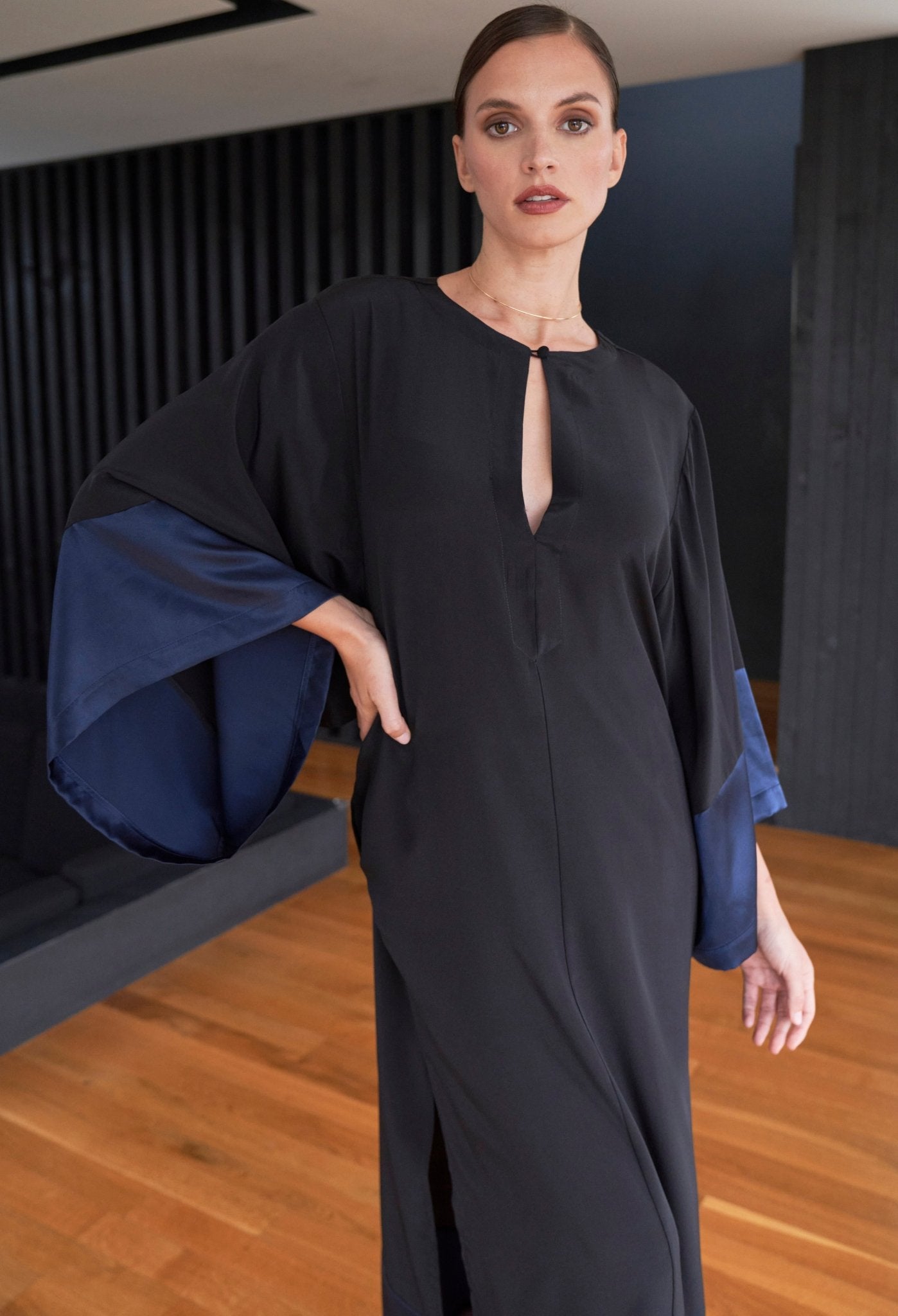 Kimono Sleeve Silk Tunic Dress with Keyhole Neckline - Black and Navy - ocean+main