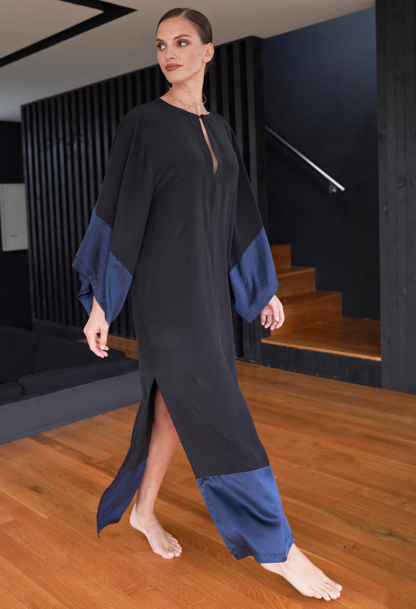 Kimono Sleeve Silk Tunic Dress with Keyhole Neckline - Black and Navy - ocean+main