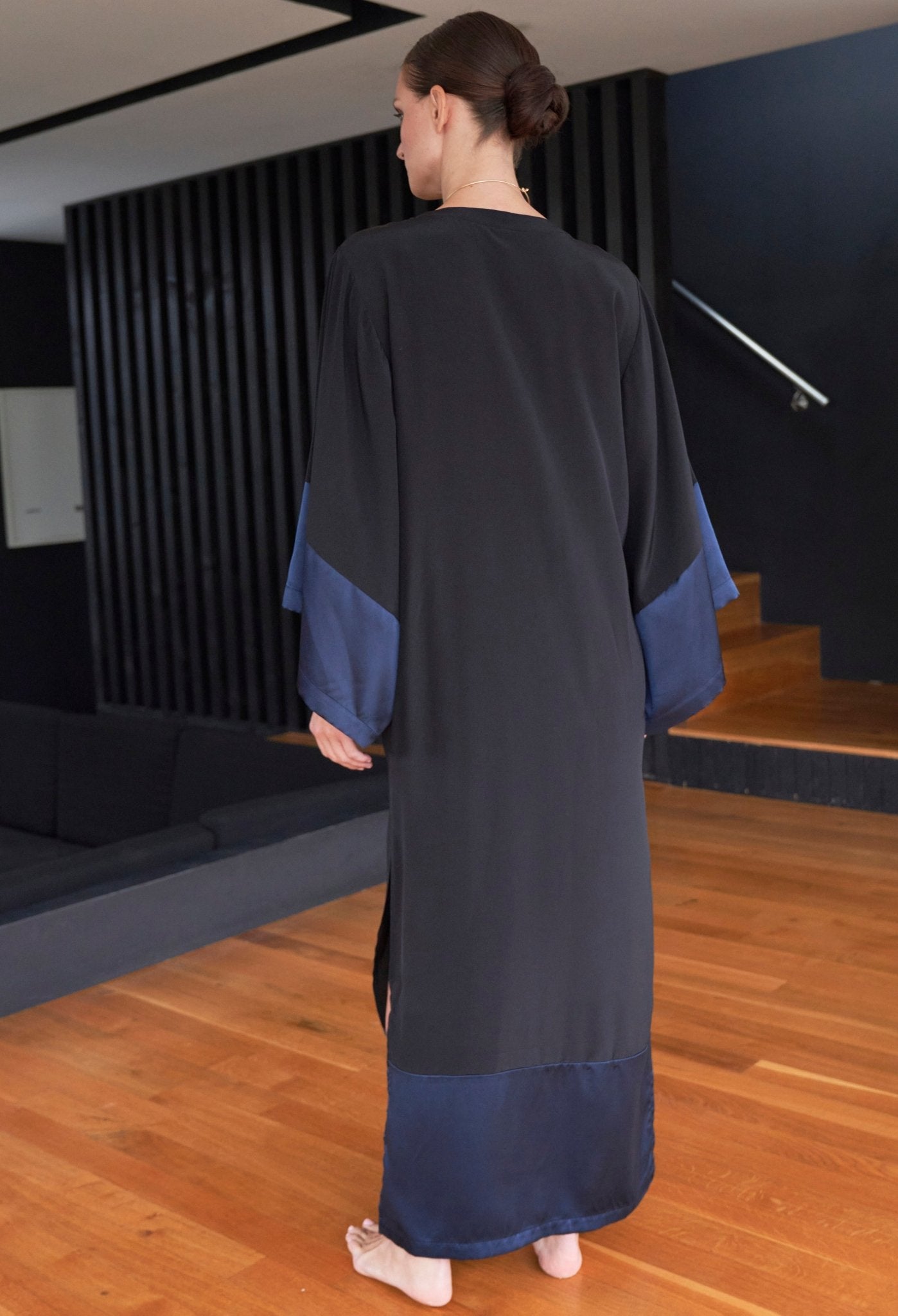 Kimono Sleeve Silk Tunic Dress with Keyhole Neckline - Black and Navy - ocean+main