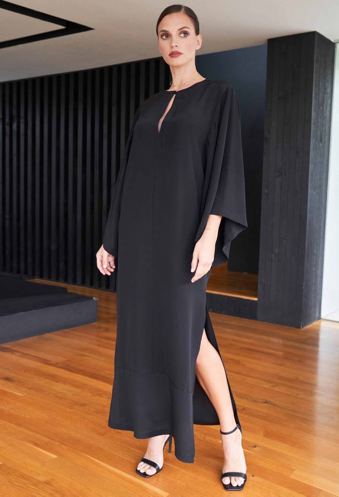 Kimono Sleeve Silk Tunic Dress with Keyhole neckline - Black - ocean+main