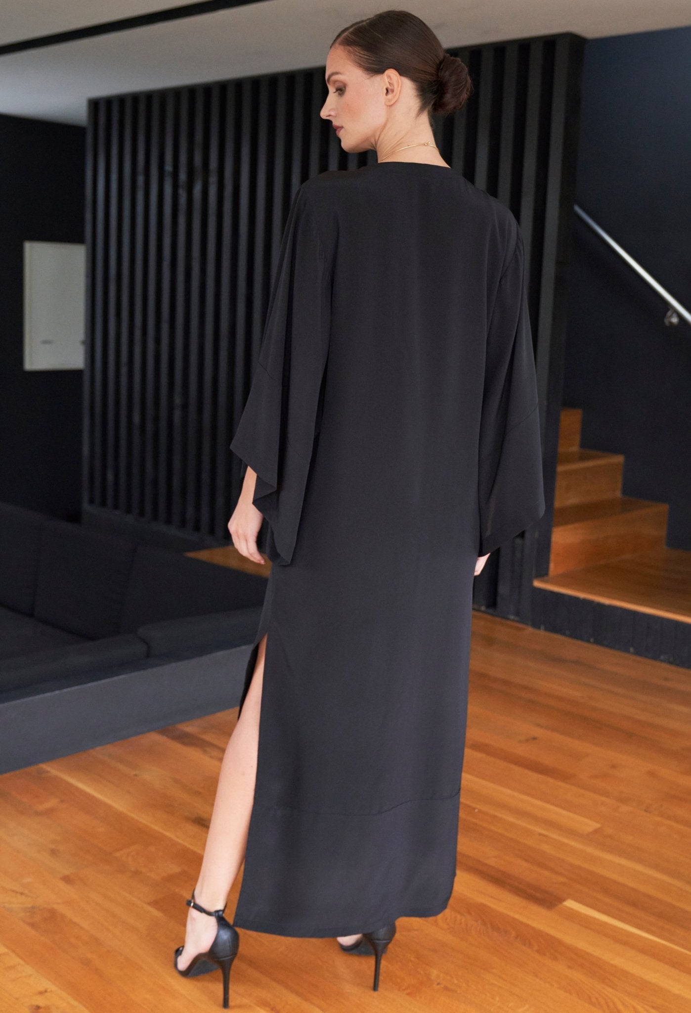 Kimono Sleeve Silk Tunic Dress with Keyhole neckline - Black - ocean+main