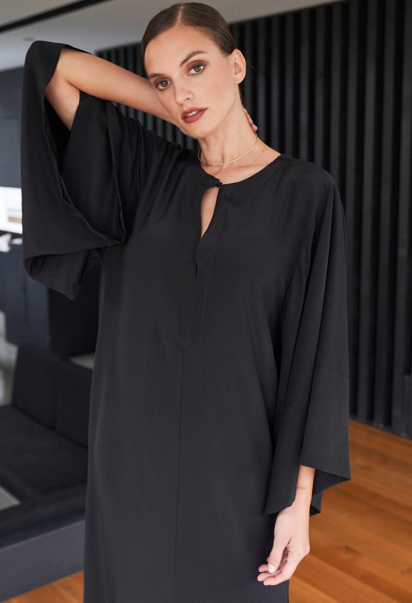 Kimono Sleeve Silk Tunic Dress with Keyhole neckline - Black - ocean+main