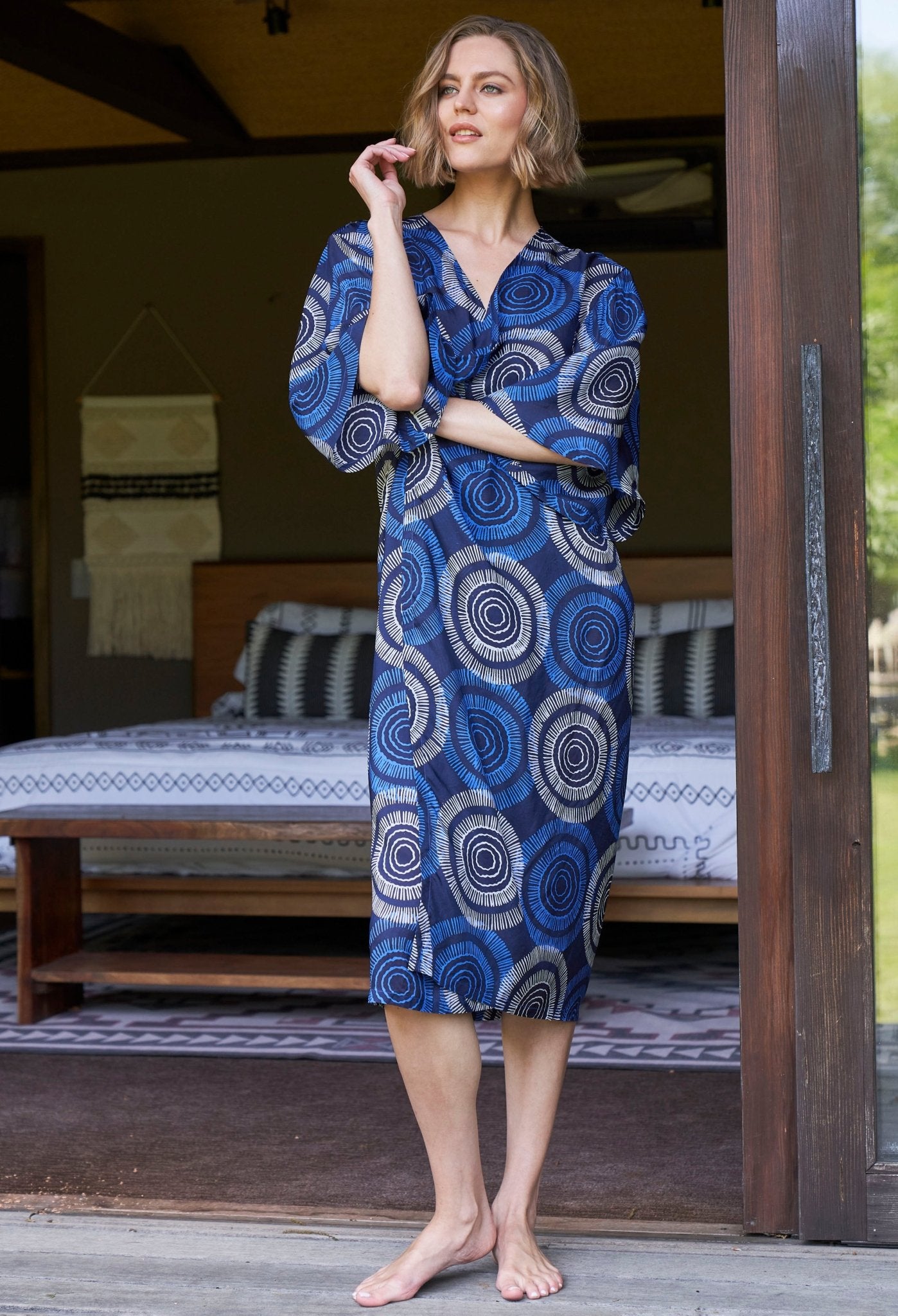 Malaysia Collection: Matahari Print Long Silk Belted Duster - ocean+main