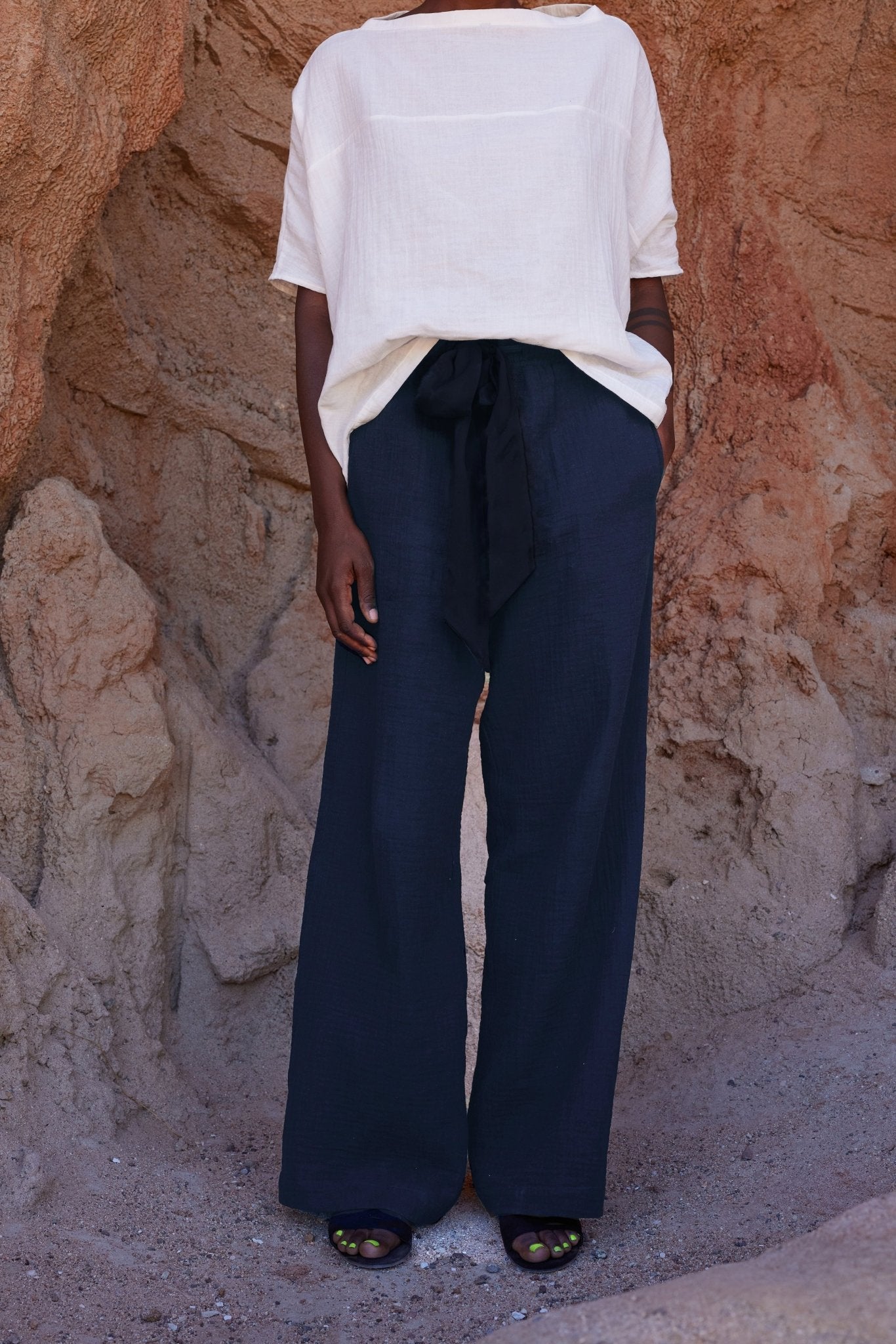 Navy Gauze Palazzo Pant the Satin Tie Belt - ocean+main