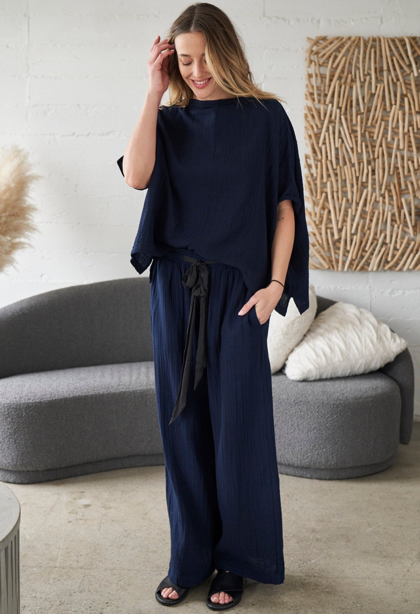 Navy Gauze Palazzo Pant the Satin Tie Belt - ocean+main
