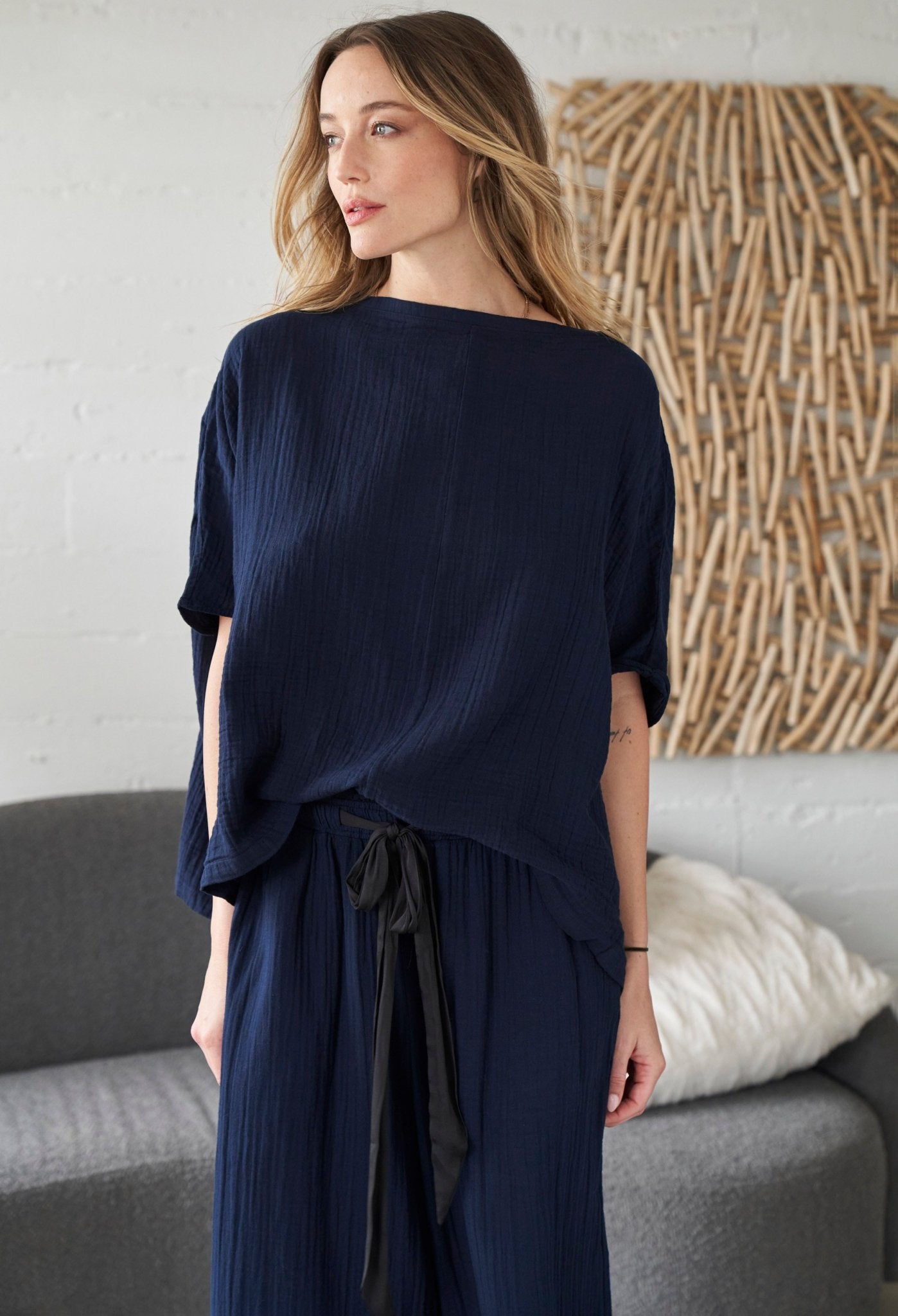 Navy Gauze Palazzo Pant the Satin Tie Belt - ocean+main