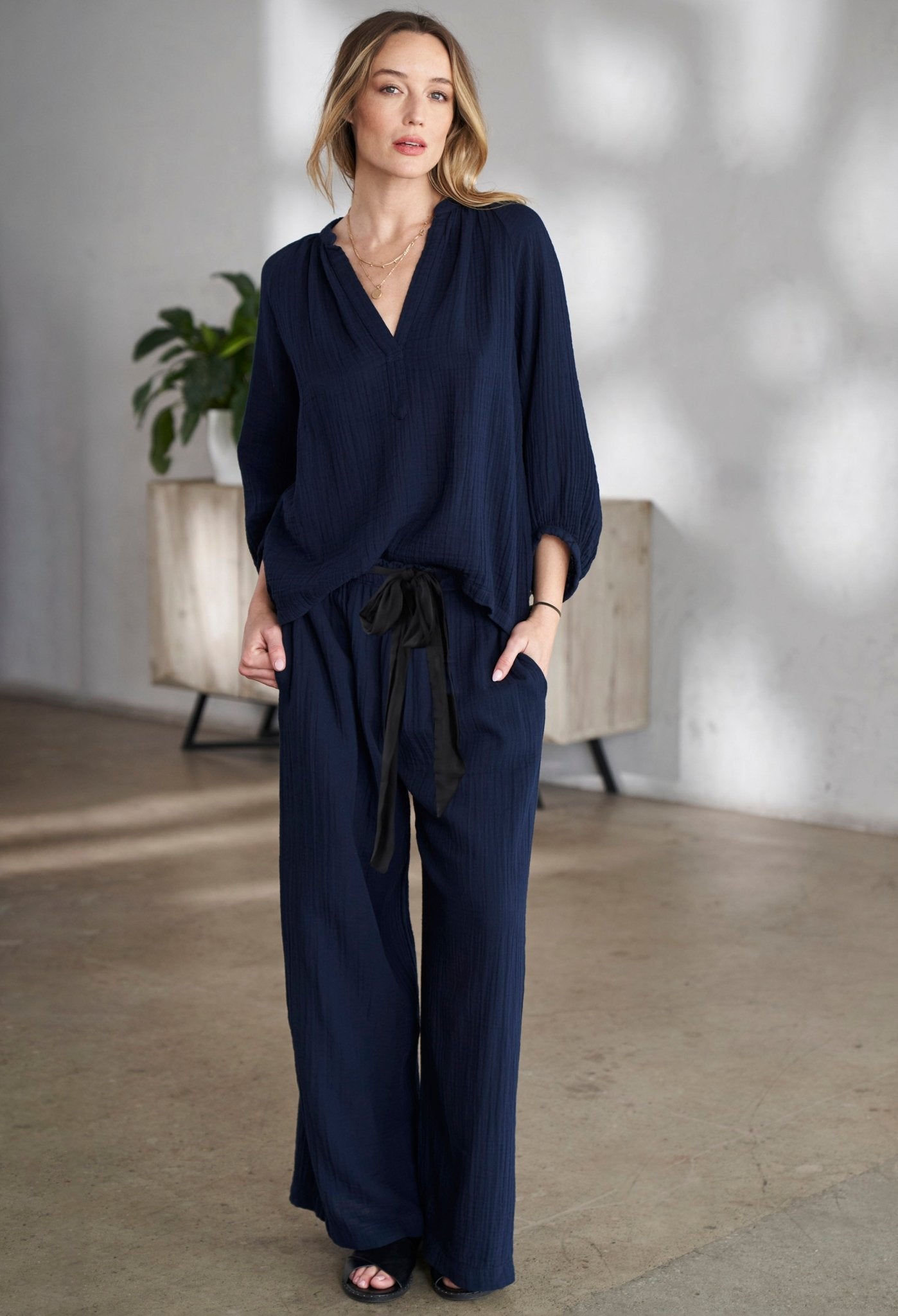 Navy Gauze Palazzo Pant the Satin Tie Belt - ocean+main