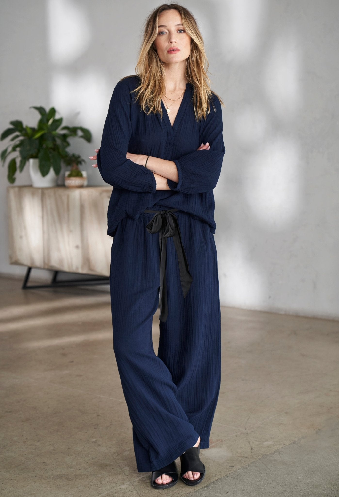 Navy Gauze Palazzo Pant the Satin Tie Belt - ocean+main