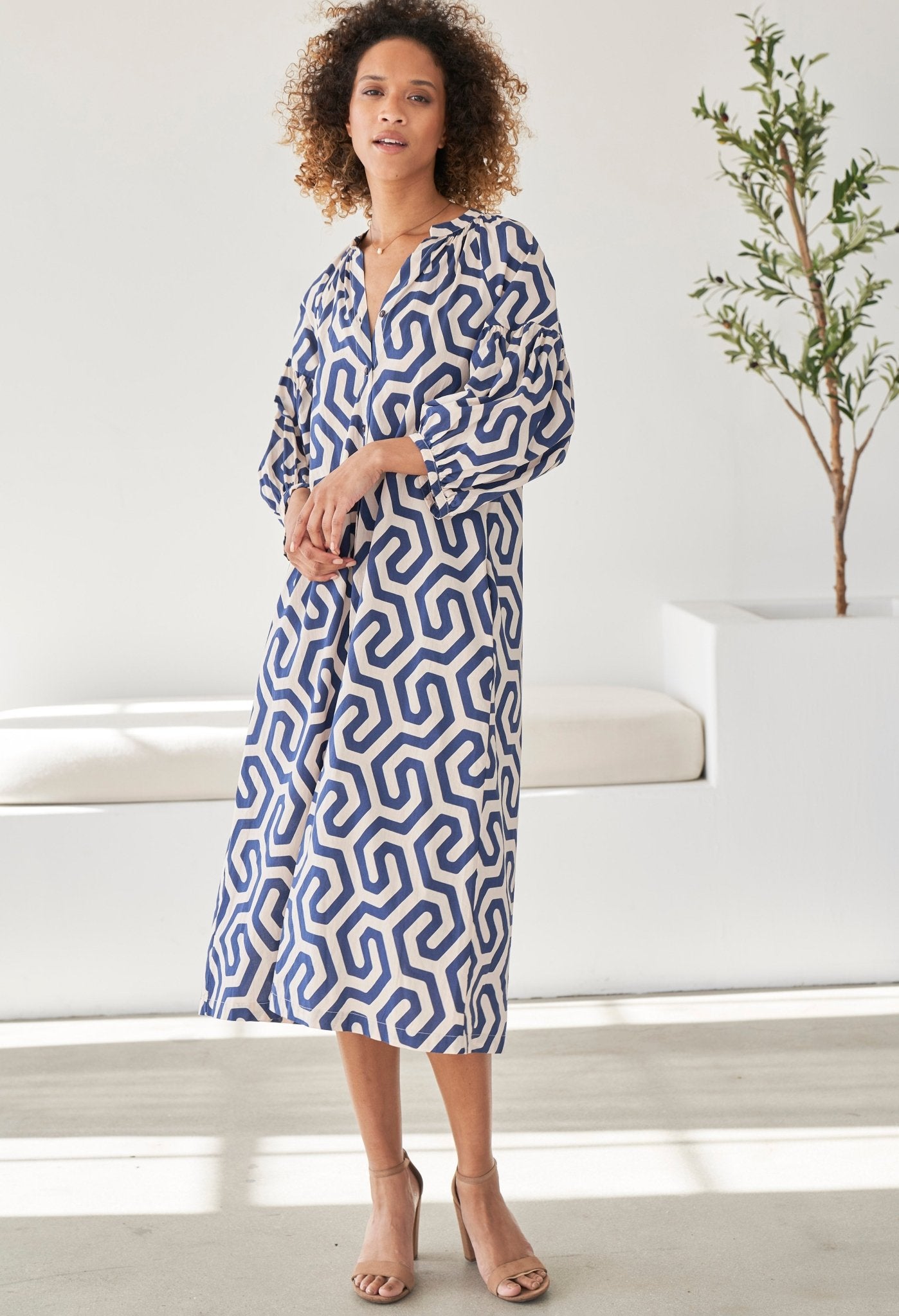 Navy Geometric Cotton Belted Aubrey Peasant Dress with Pockets - ocean+main