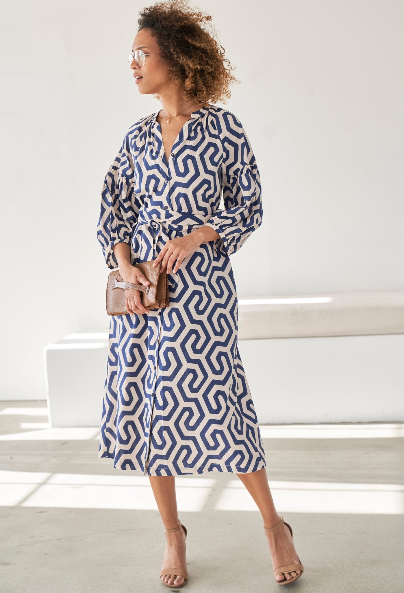 Navy Geometric Cotton Belted Aubrey Peasant Dress with Pockets - ocean+main