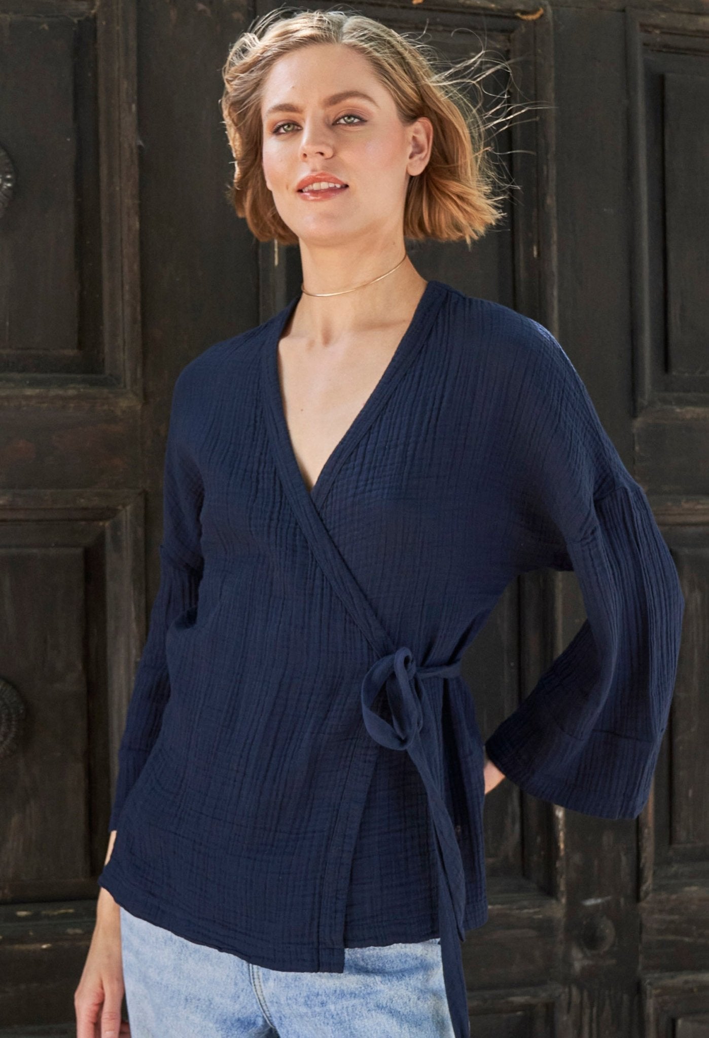 Navy Kimono Sleeve Gauze Wrap Top - ocean+main