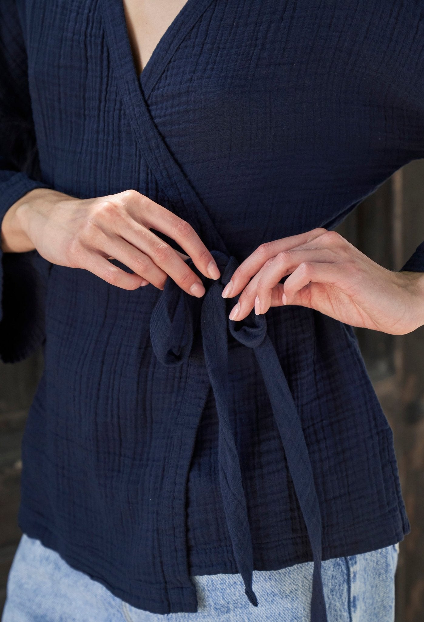 Navy Kimono Sleeve Gauze Wrap Top - ocean+main