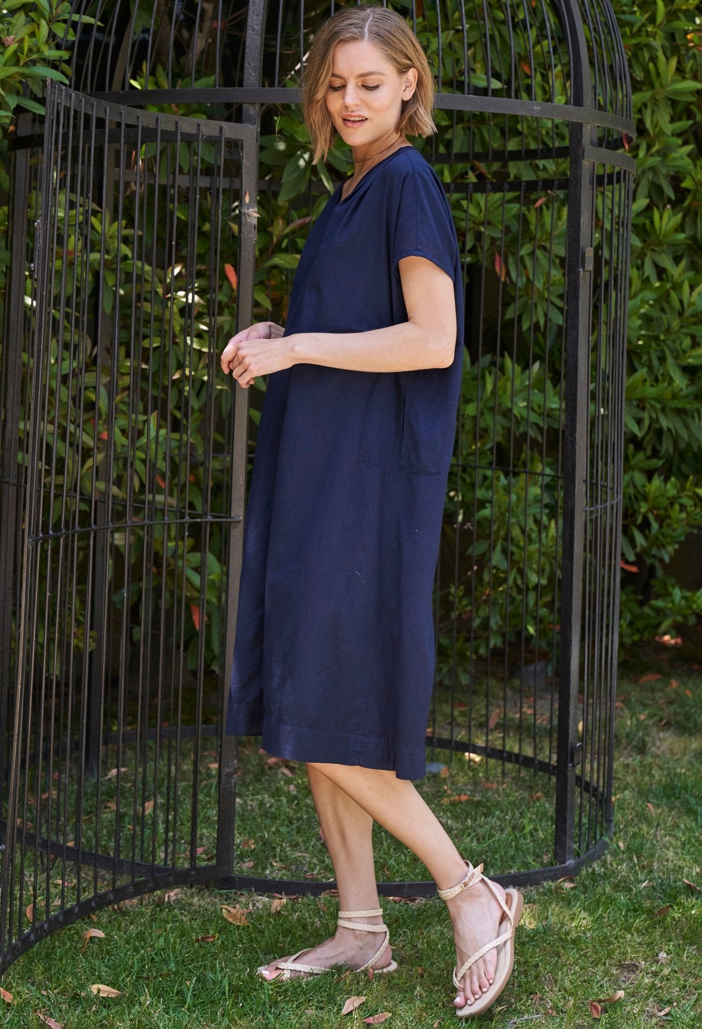 Navy Short Cap Sleeve Cotton Belted Shift Dress - ocean+main