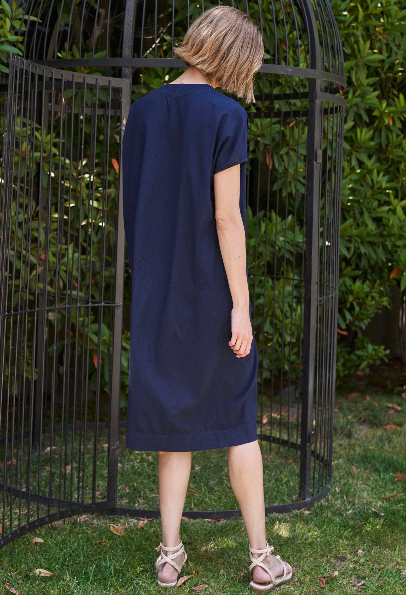 Navy Short Cap Sleeve Cotton Belted Shift Dress - ocean+main