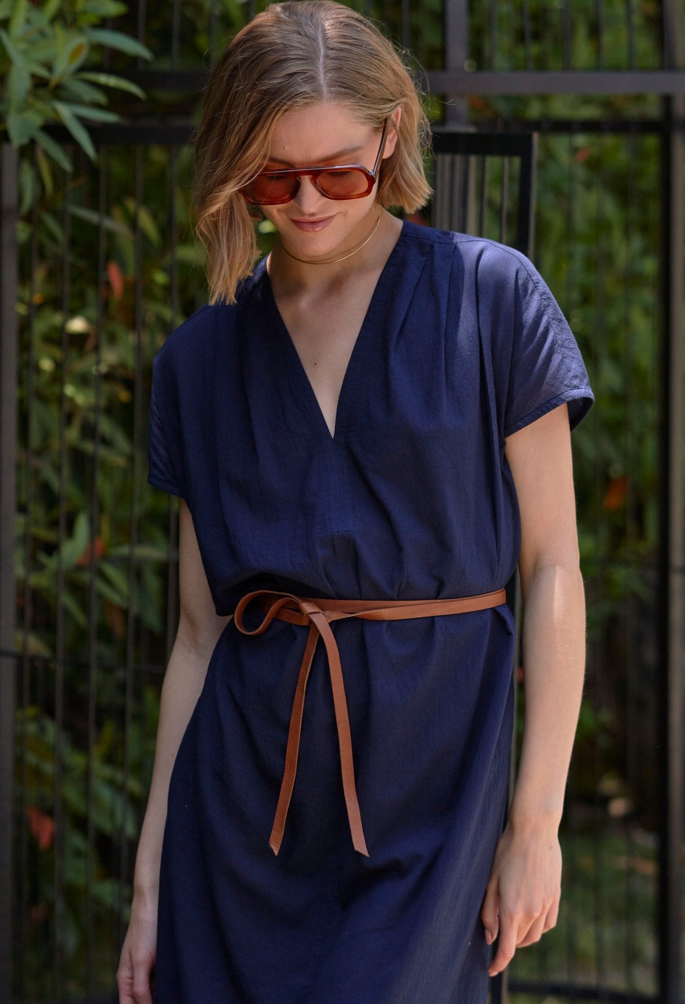 Navy Short Cap Sleeve Cotton Belted Shift Dress - ocean+main