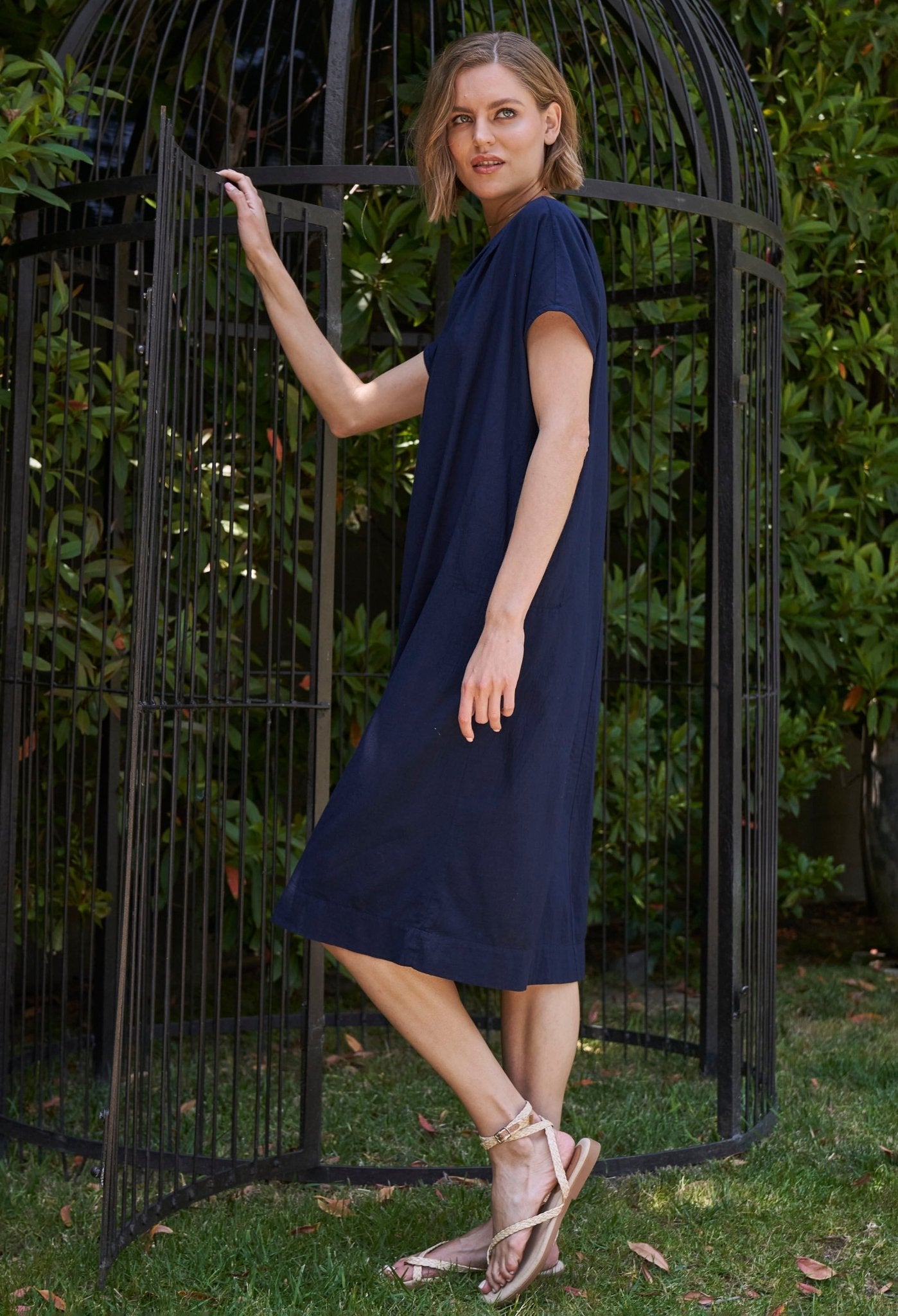Navy Short Cap Sleeve Cotton Belted Shift Dress - ocean+main