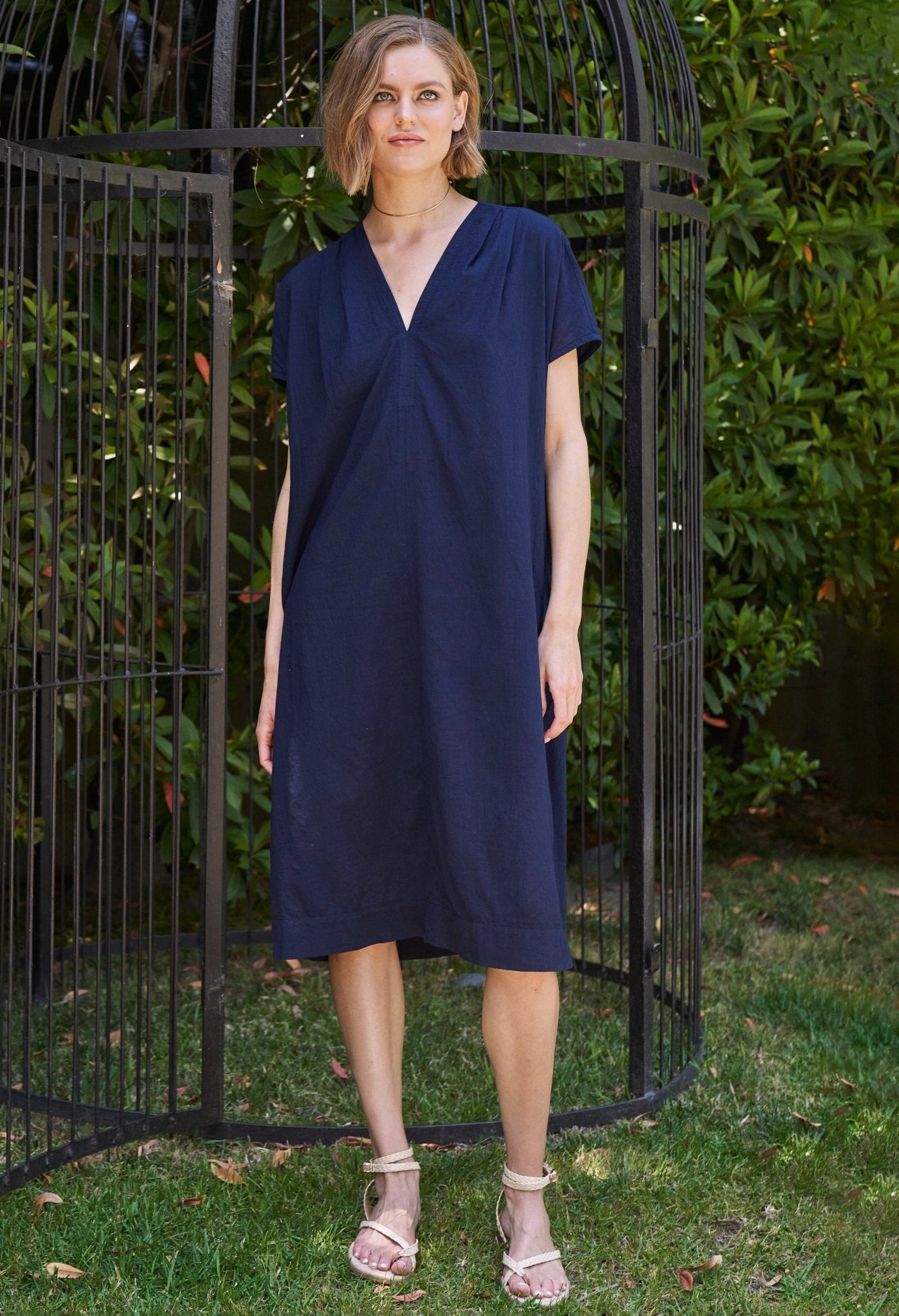 Navy Short Cap Sleeve Cotton Belted Shift Dress - ocean+main