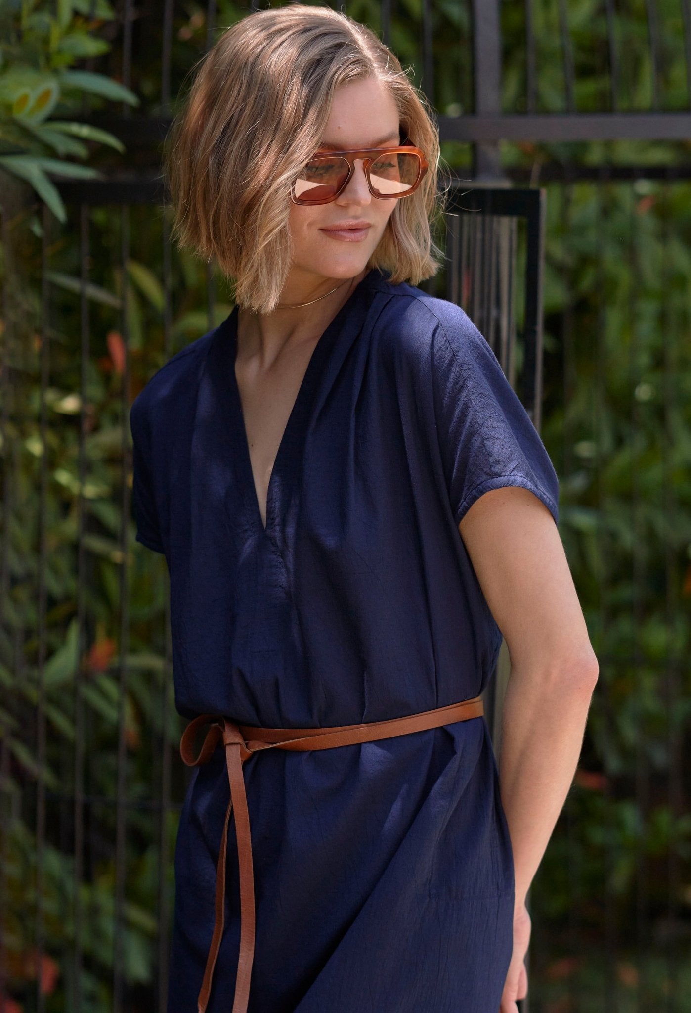 Navy Short Cap Sleeve Cotton Belted Shift Dress - ocean+main