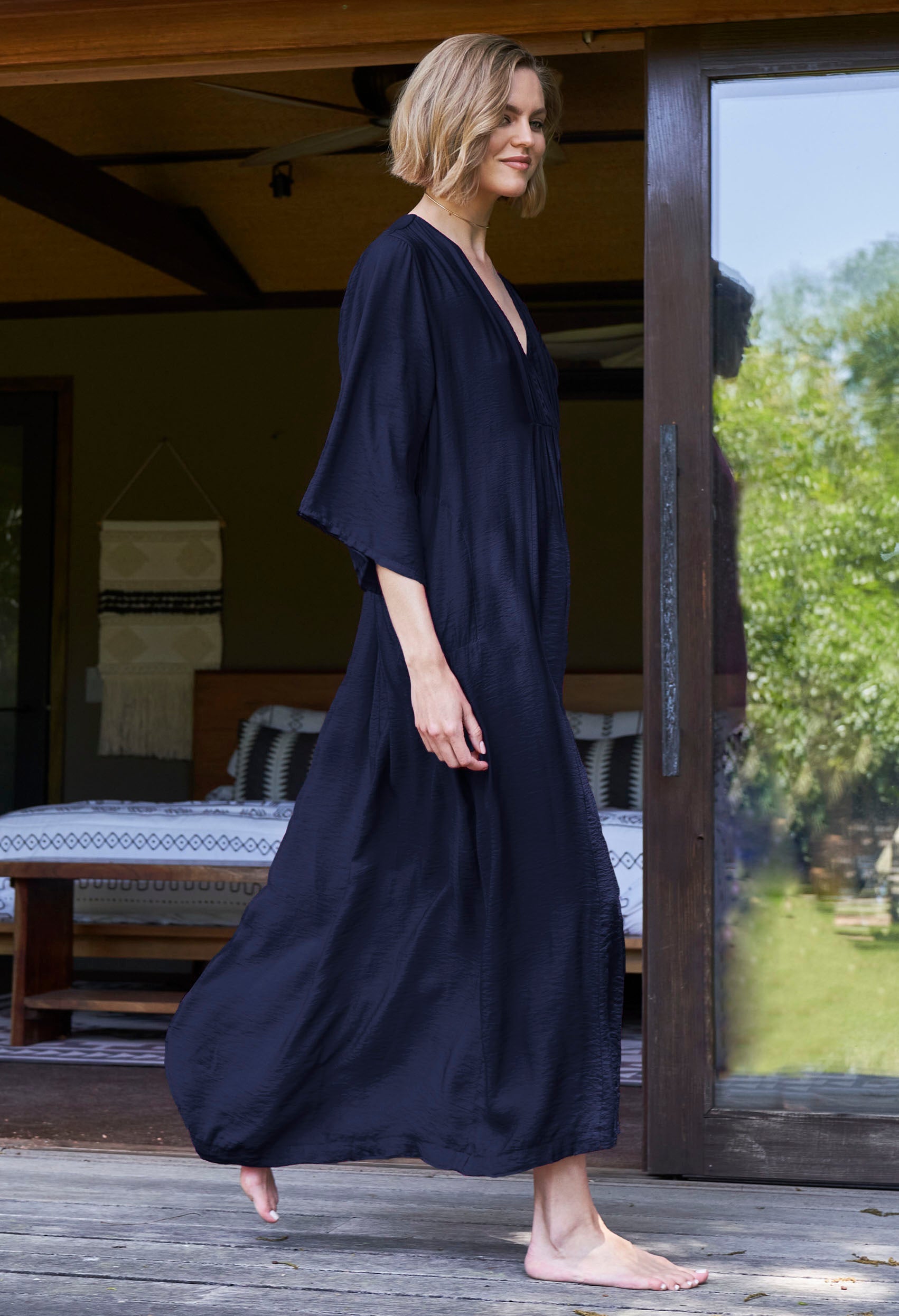 Navy Cupro Rouched Front Caftan
