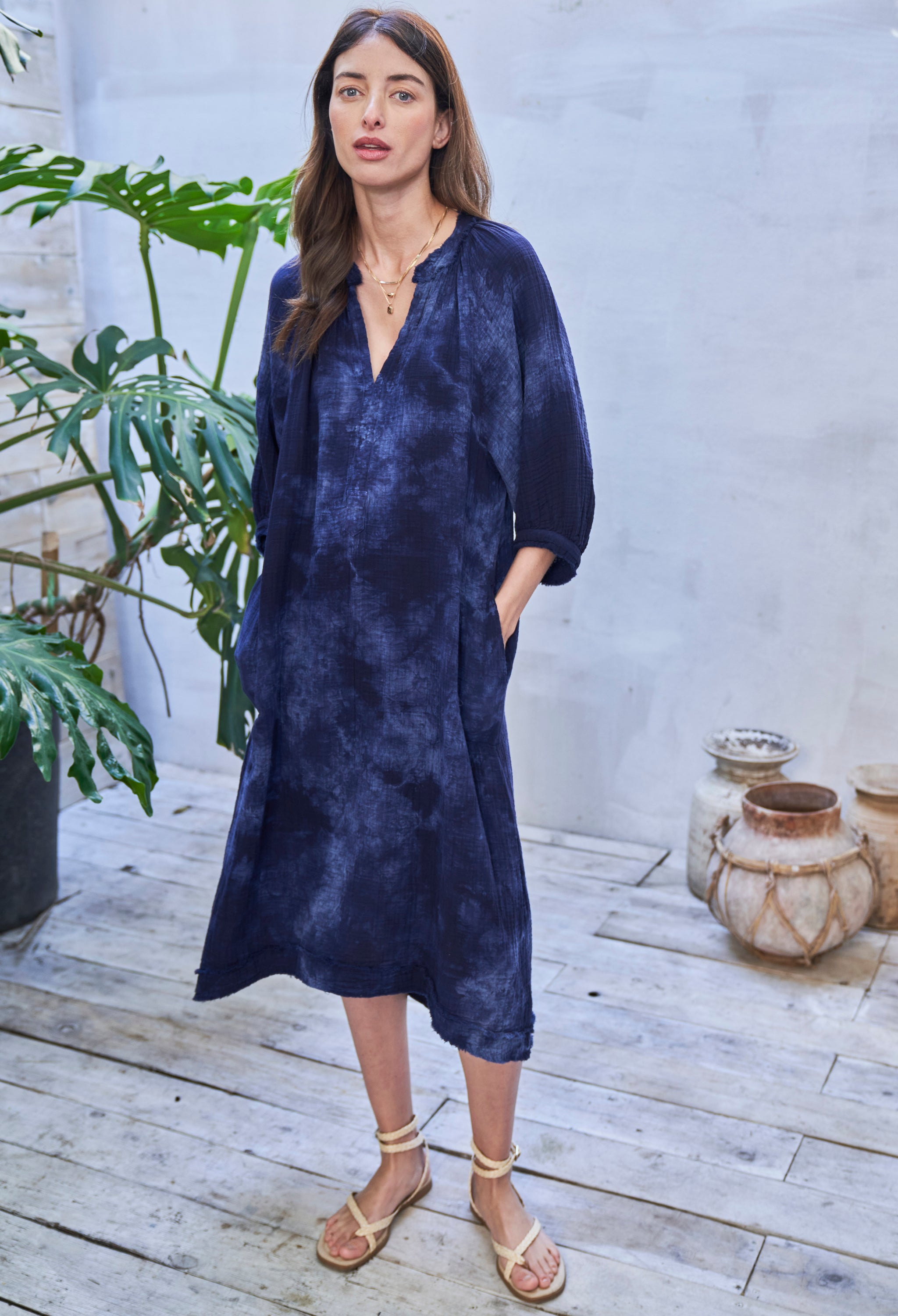 Acid Wash Black Gauze Button Dress