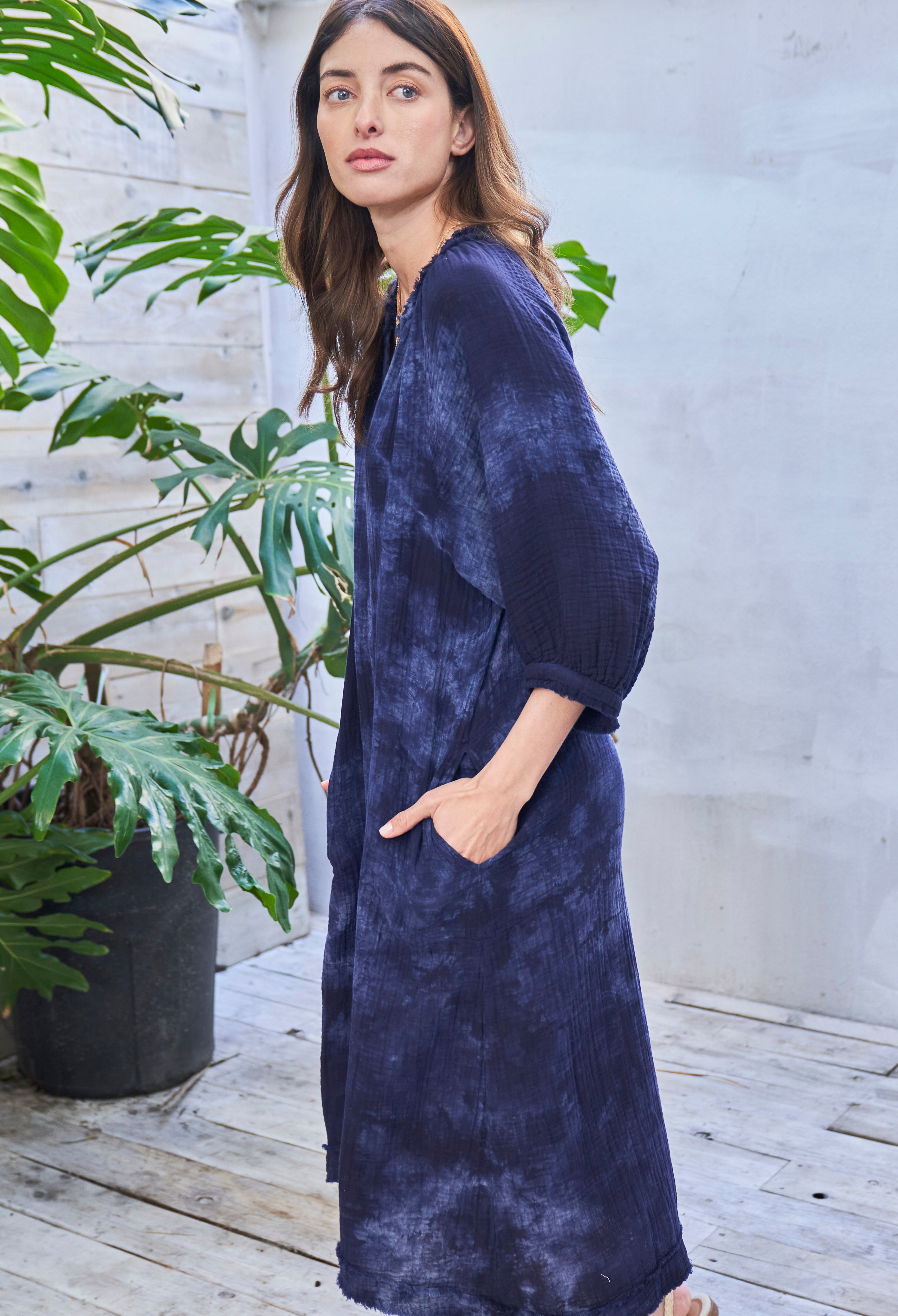 Navy Milky Way Gauze Dress with Pockets