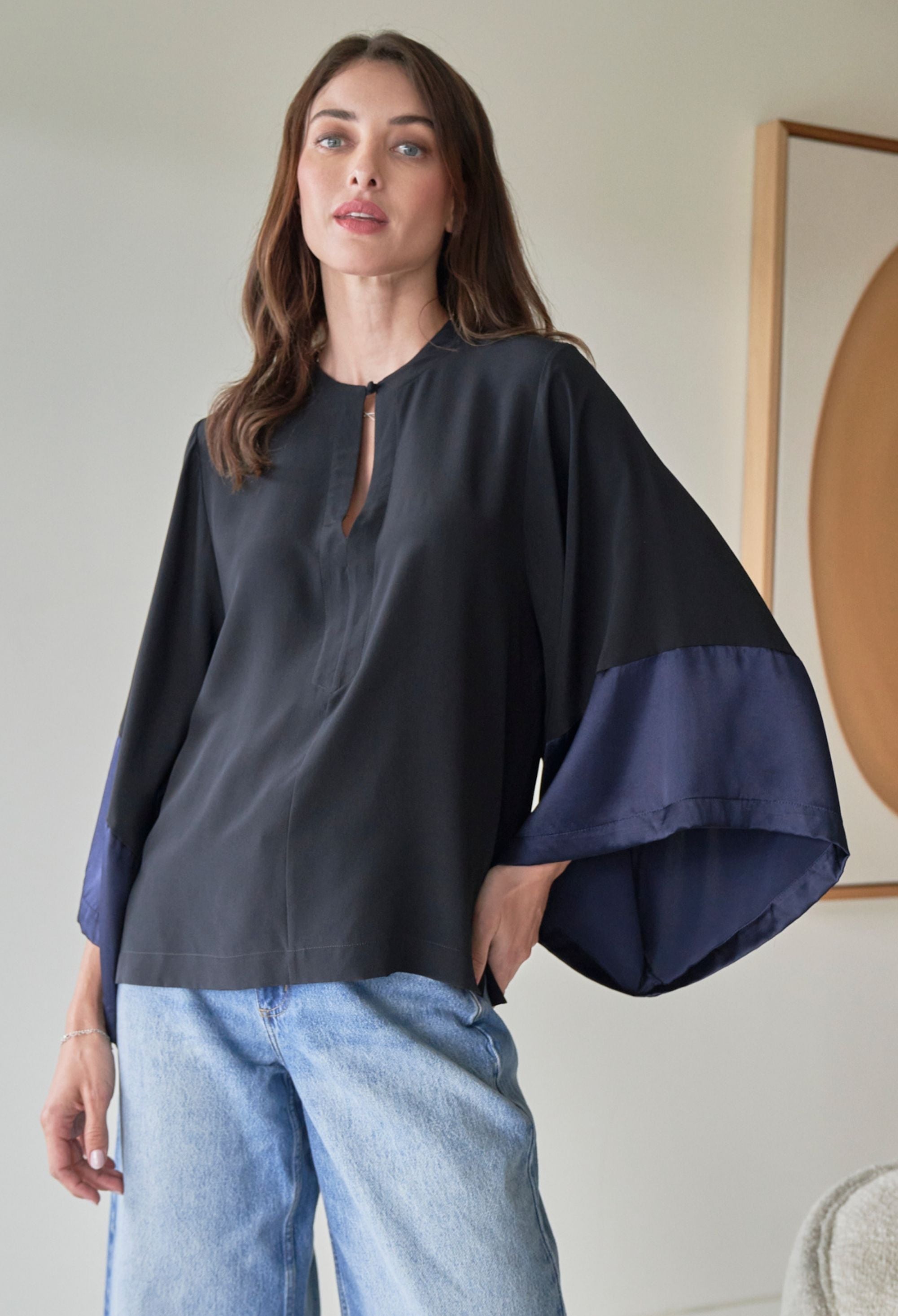 Black and Navy Silk Kimono Sleeve Top