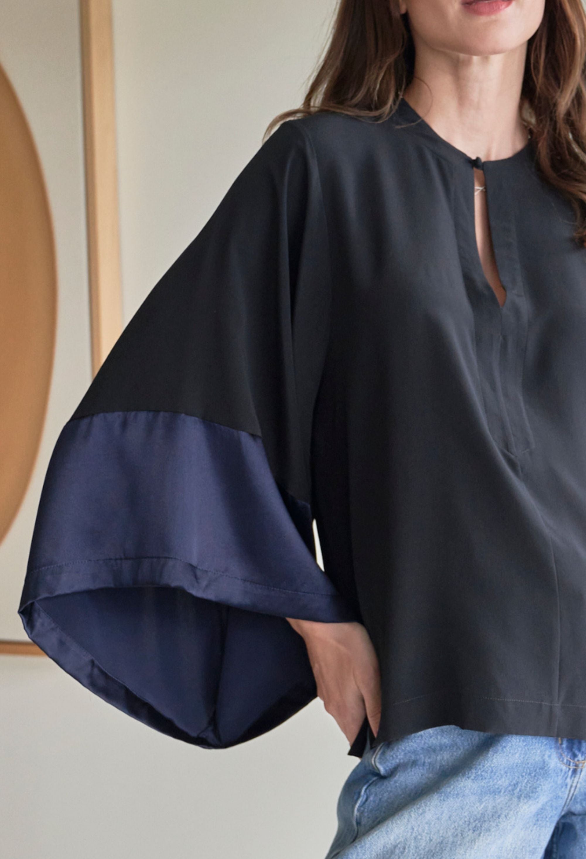 Black and Navy Silk Kimono Sleeve Top