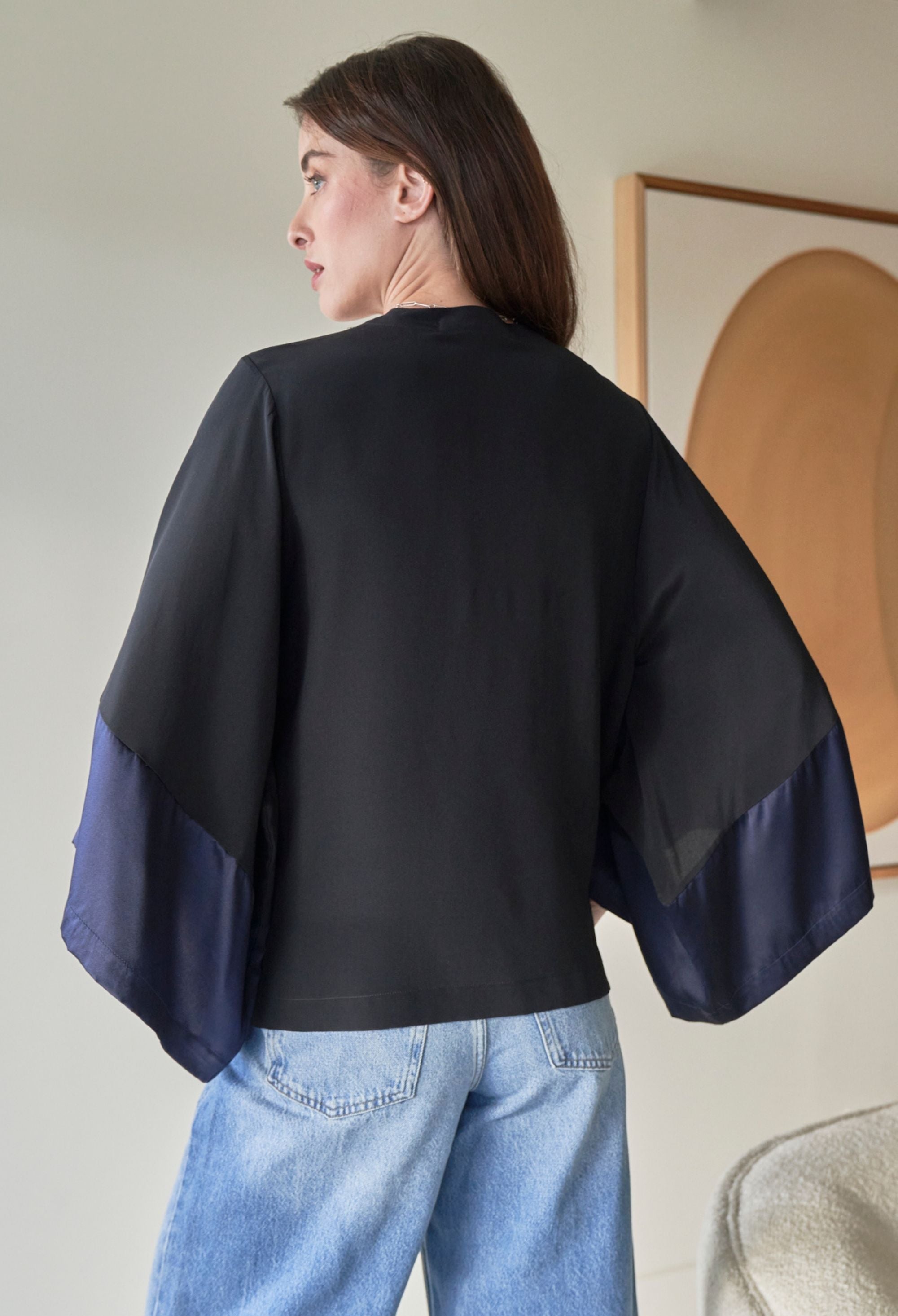 Black and Navy Silk Kimono Sleeve Top