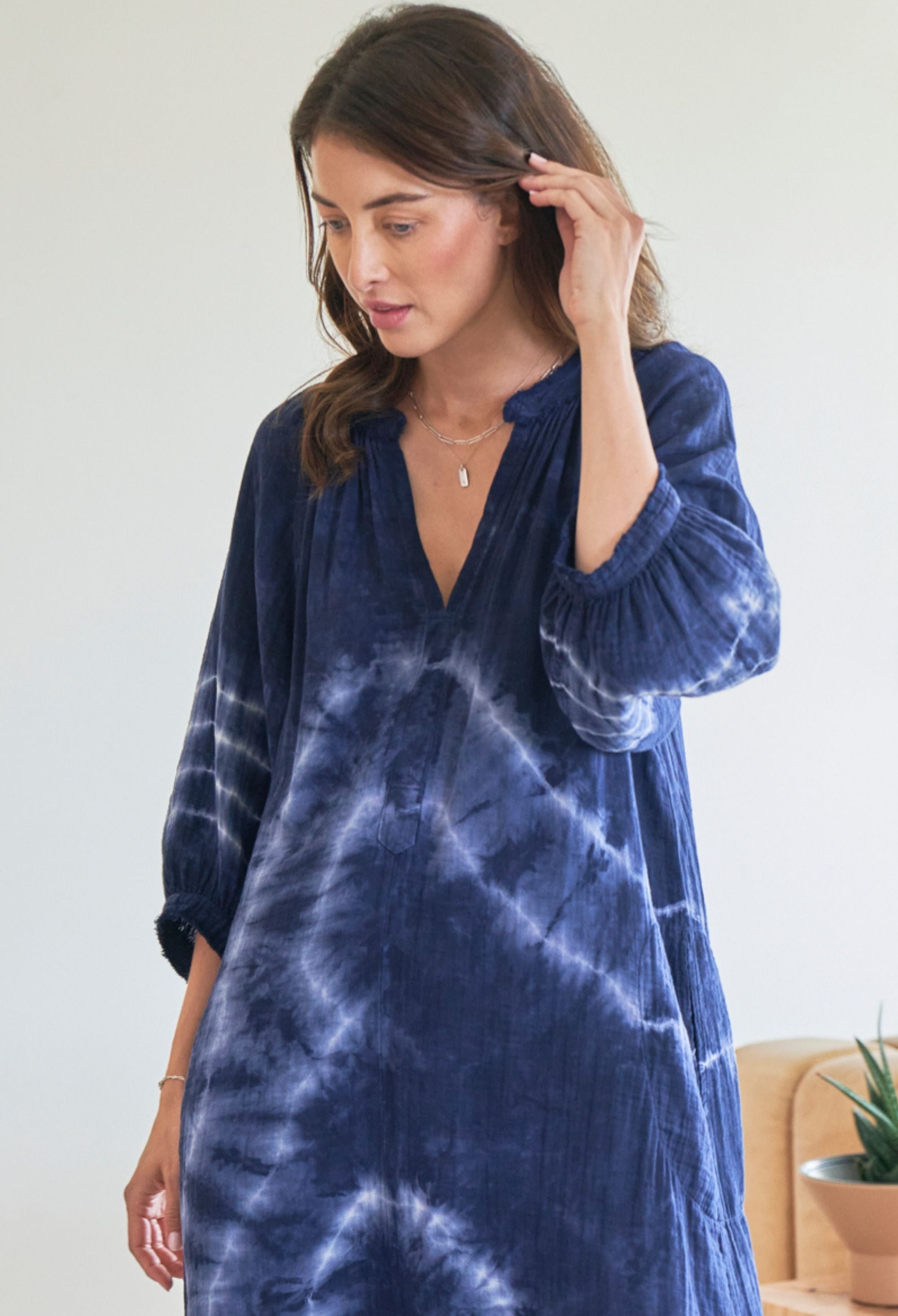 Navy River Print Gauze Dress with Pockets