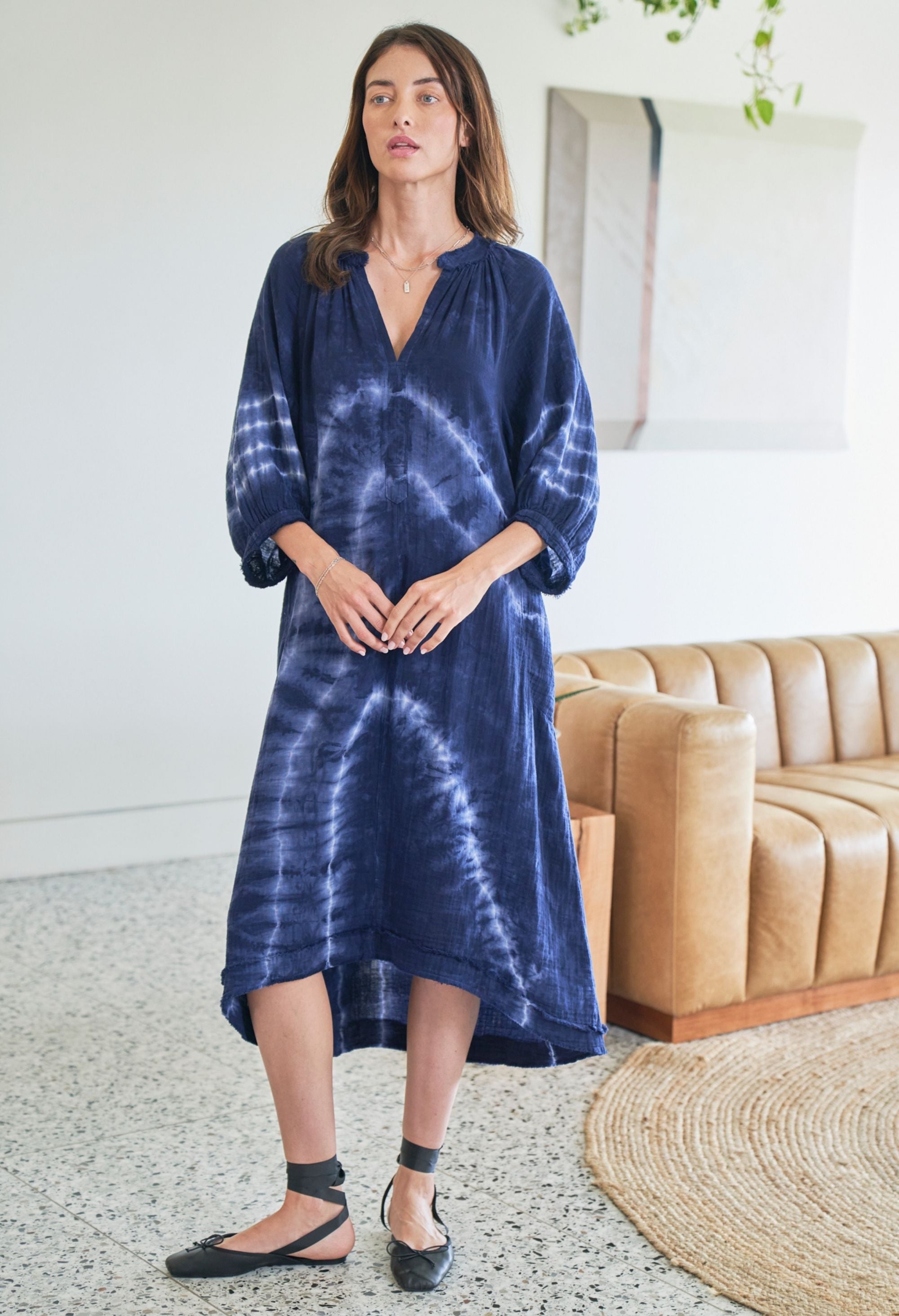 Navy River Print Gauze Dress with Pockets