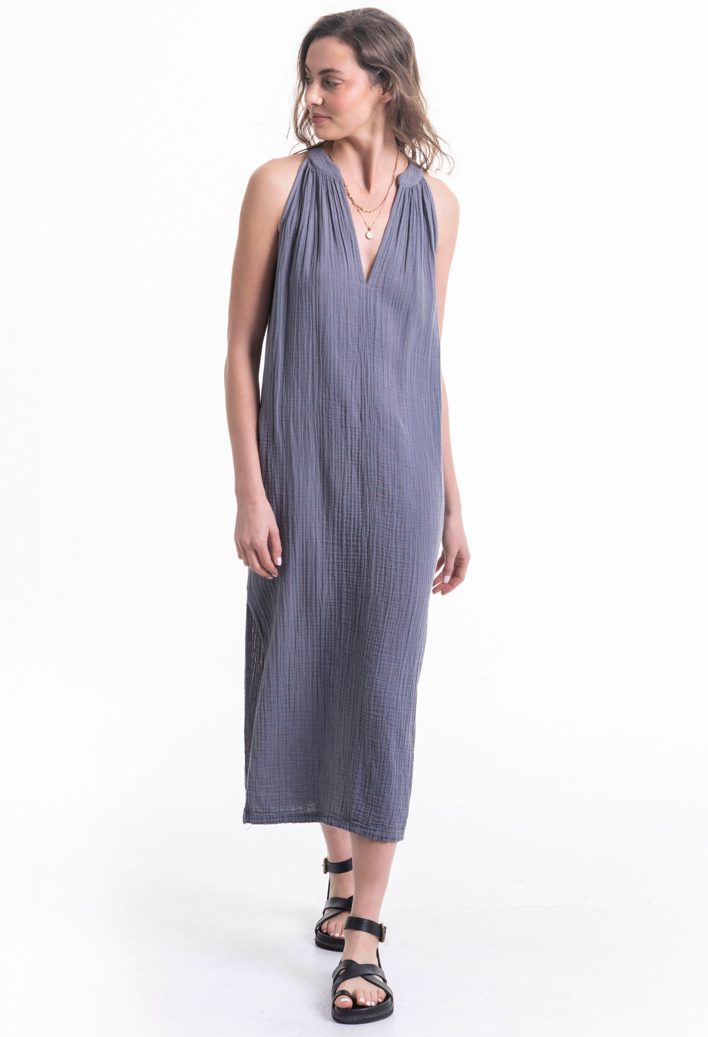 Sleeveless Petrol Gauze Midi Dress with Pockets