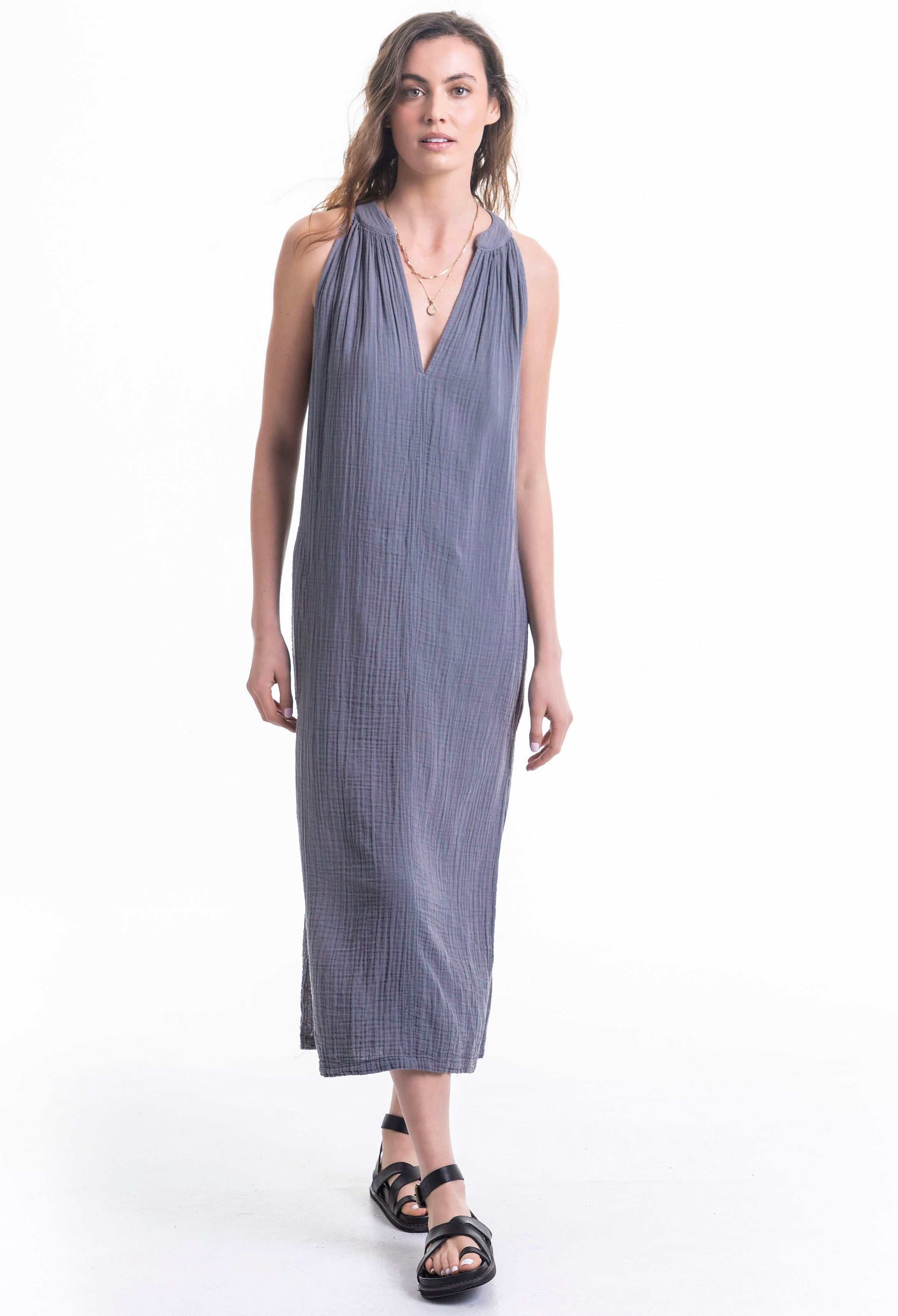 Sleeveless Petrol Gauze Midi Dress with Pockets