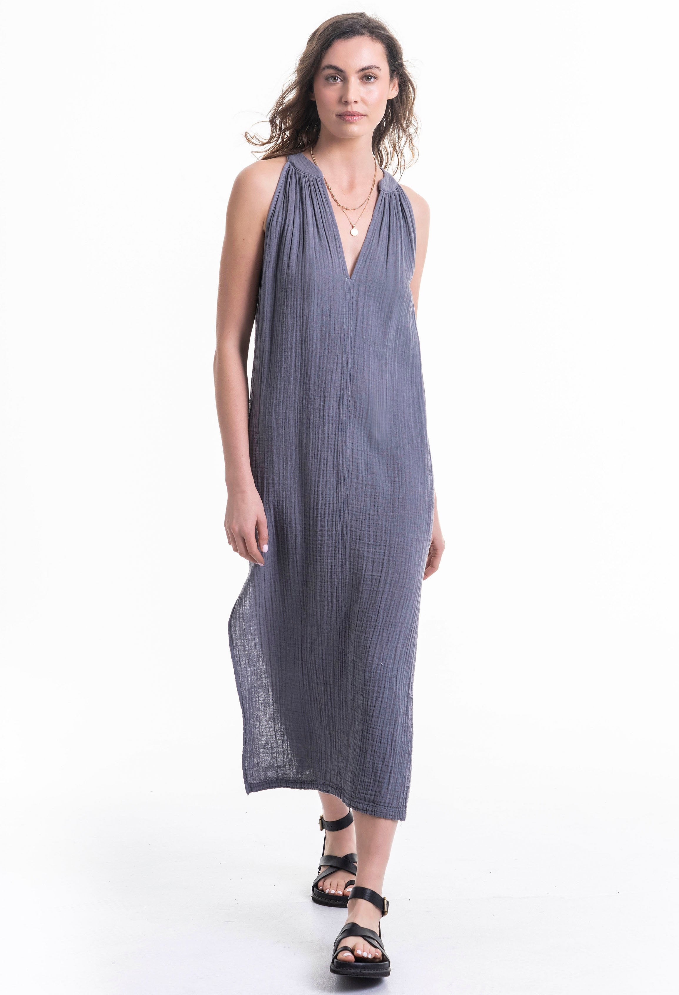 Sleeveless Petrol Gauze Midi Dress with Pockets