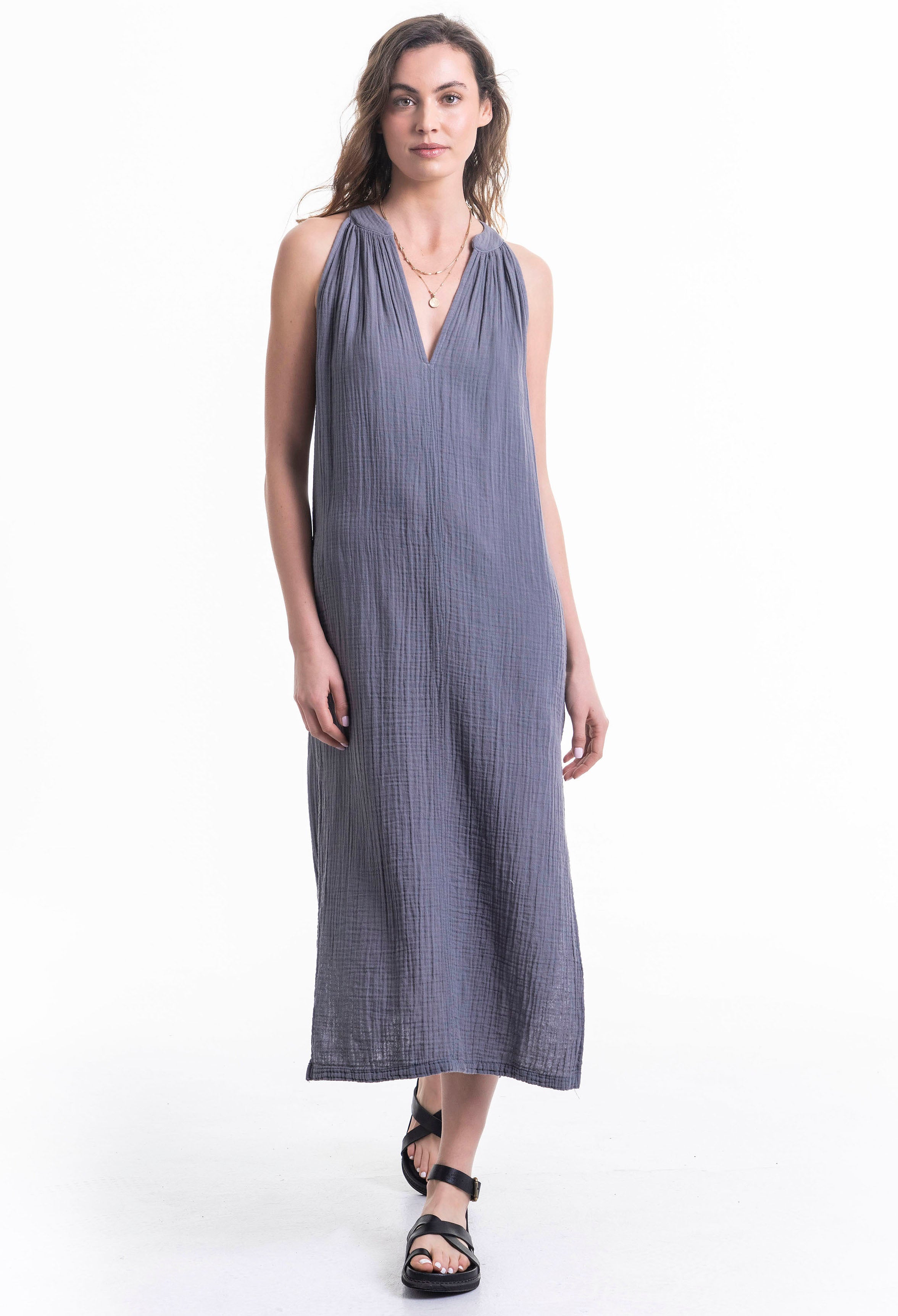 Sleeveless Petrol Gauze Midi Dress with Pockets