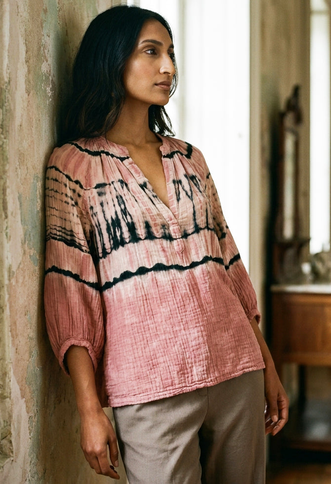 Aztec Print Gauze Top | Hand-Dyed Cotton V-Neck Blouse, Made in LA