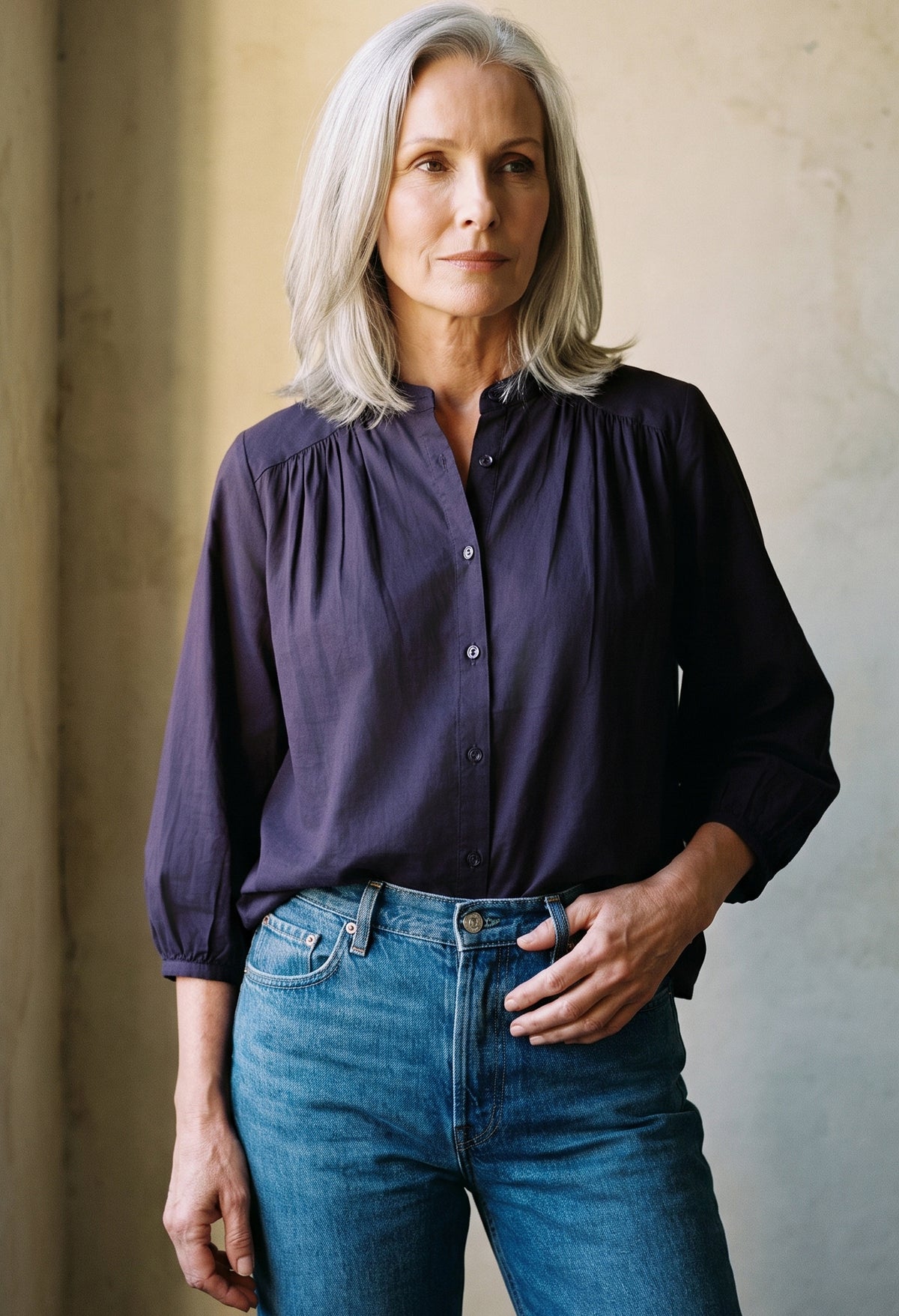 Aubergine Cotton Poplin Peasant Top