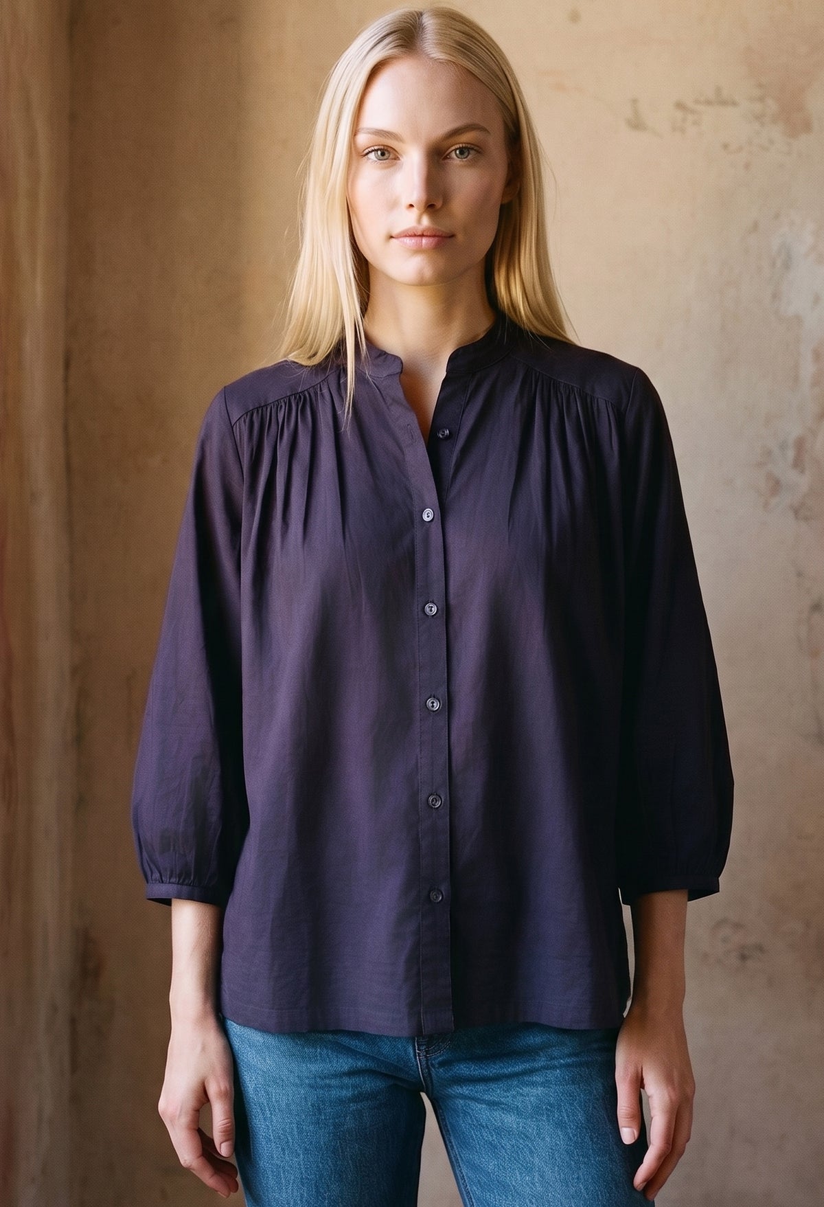 Aubergine Cotton Poplin Peasant Top