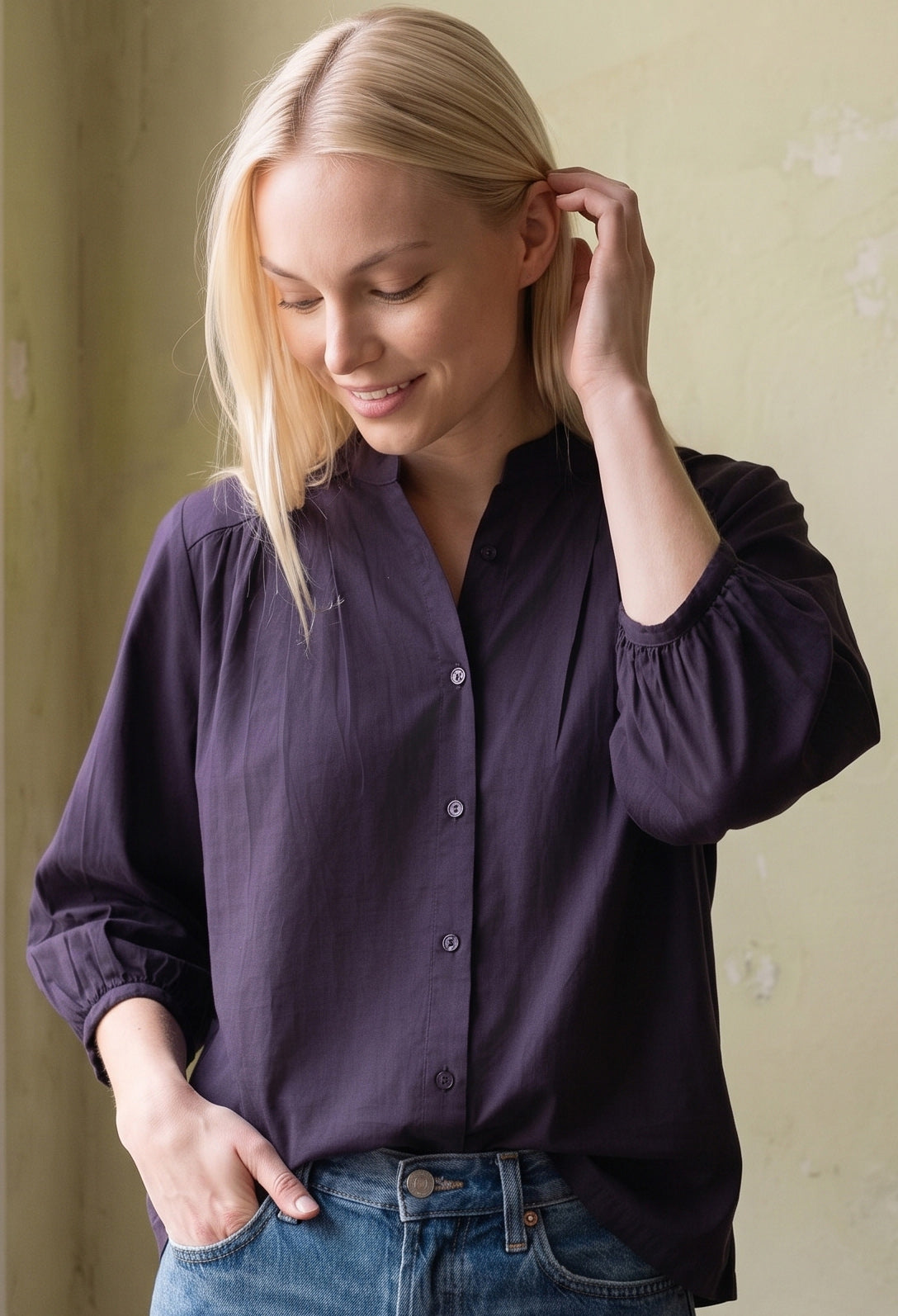 Aubergine Cotton Poplin Peasant Top