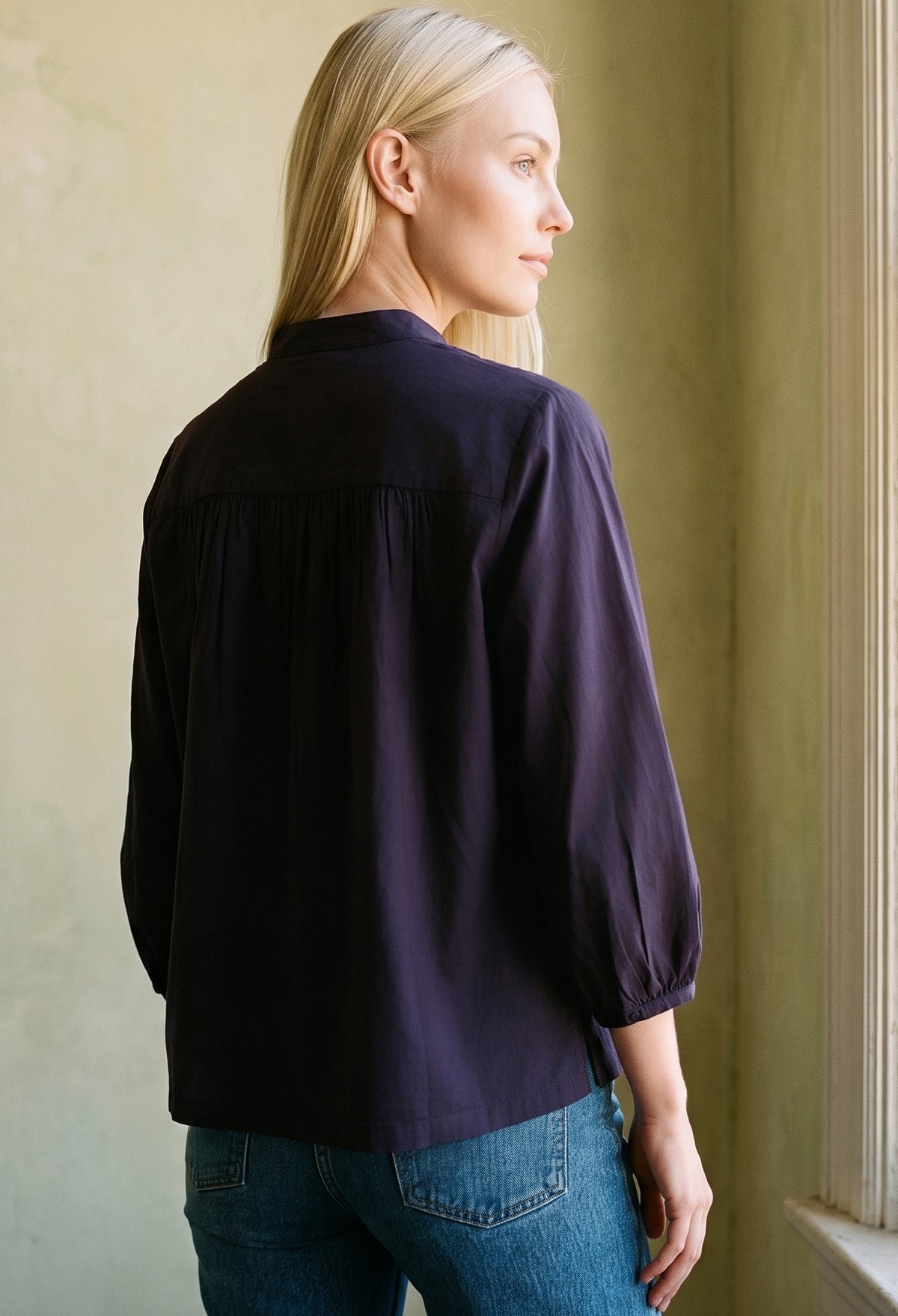 Aubergine Cotton Poplin Peasant Top
