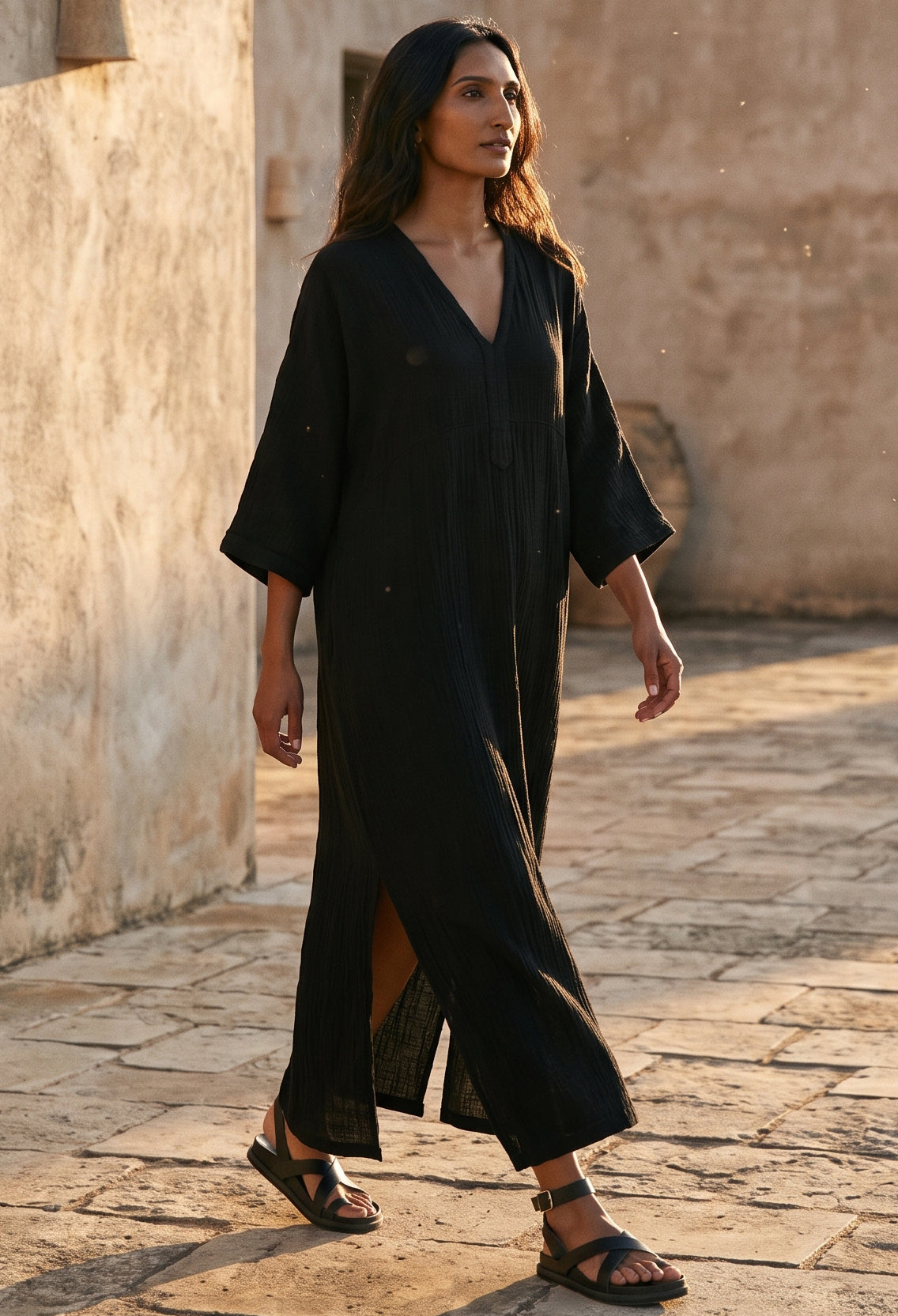 Black Cotton Gauze Arc Seam Caftan