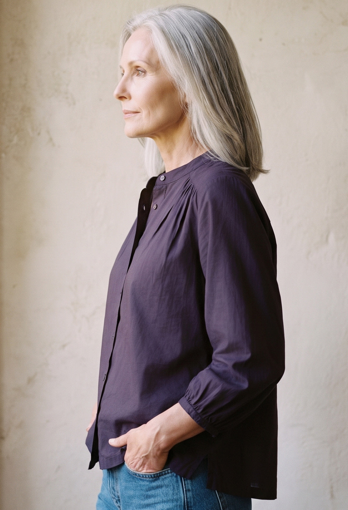 Aubergine Cotton Poplin Peasant Top