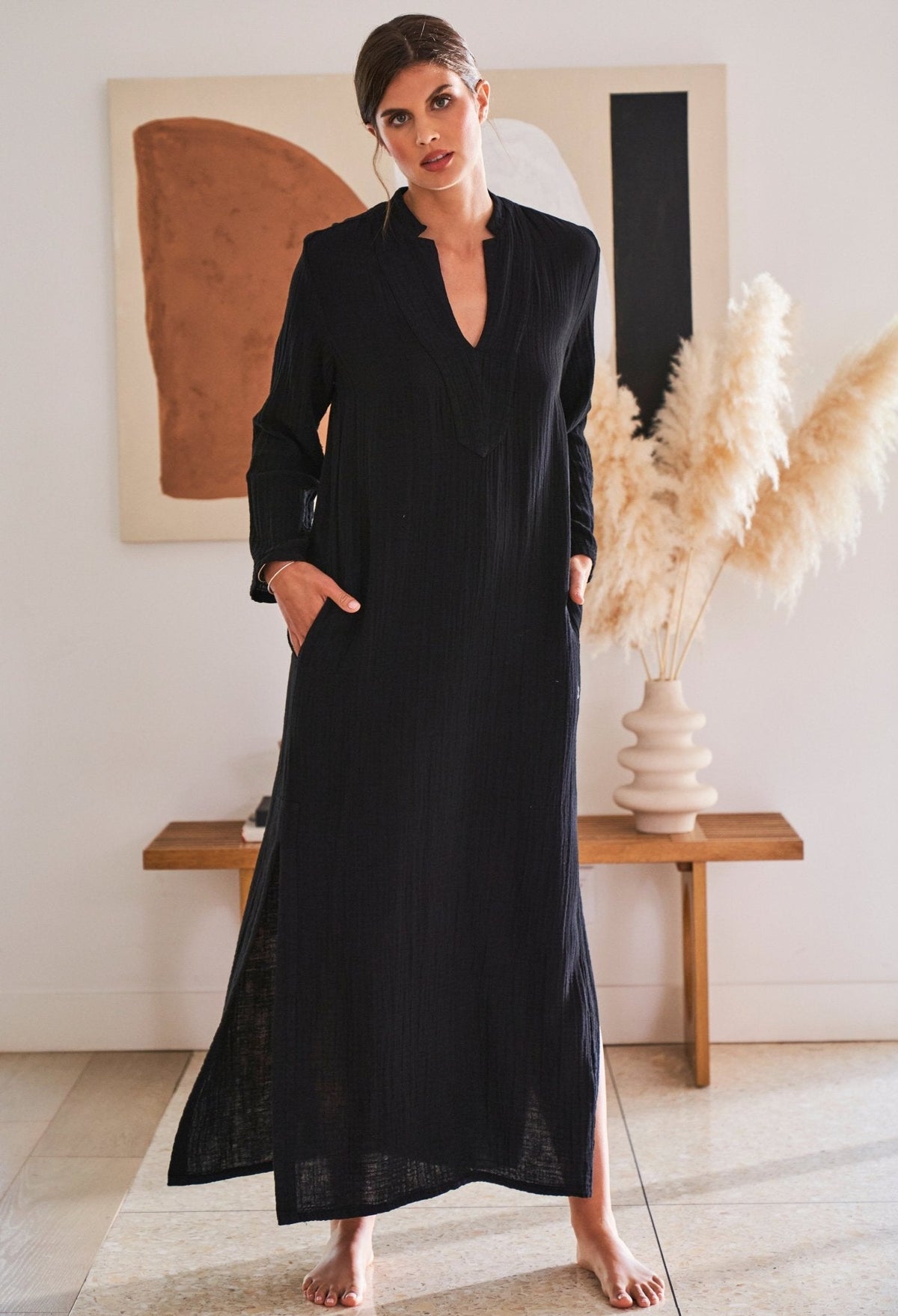 re:hOMe - Black Mandarin Collar Gauze Caftan - ocean+main