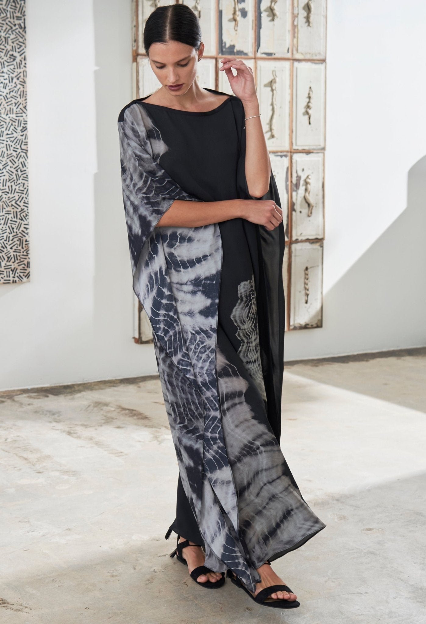 re:hOMe - Fossil Print Black Silk Boatneck Caftan - s/m - ocean+main