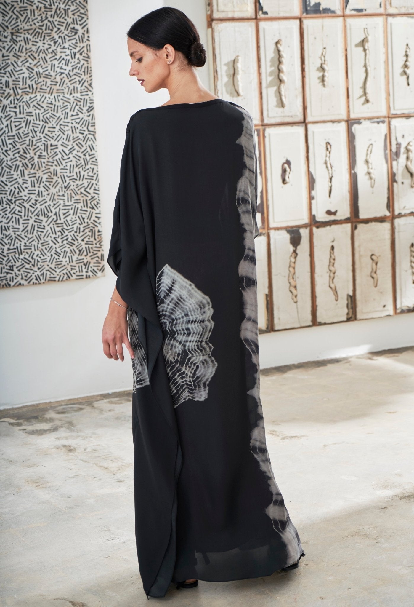 re:hOMe - Fossil Print Black Silk Boatneck Caftan - s/m - ocean+main