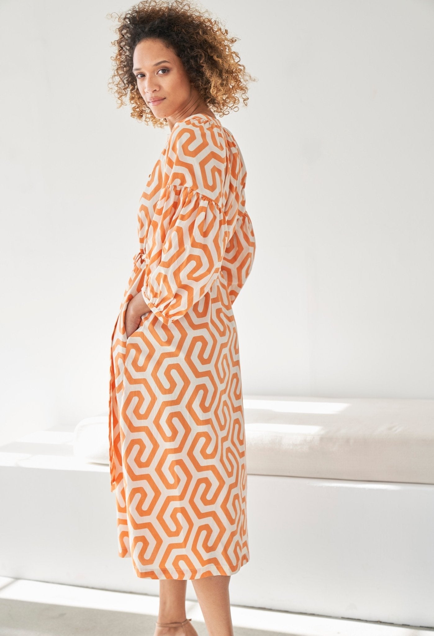 re:hOMe - Orange Geometric Cotton Belted Aubrey Peasant Dress with Pockets - ocean+main
