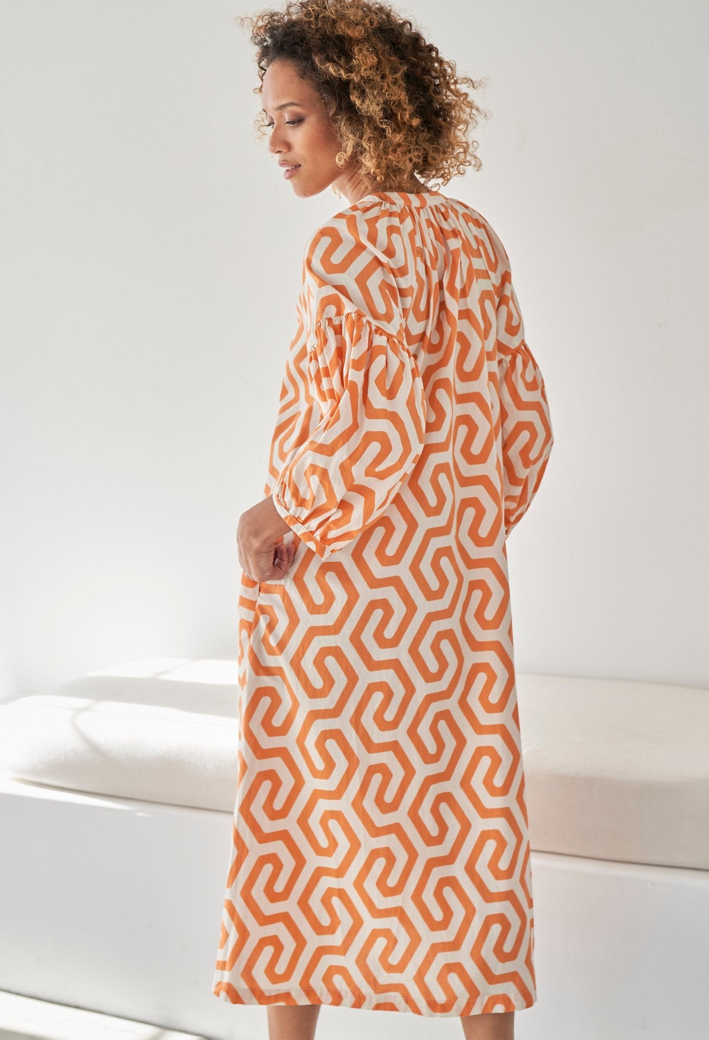re:hOMe - Orange Geometric Cotton Belted Aubrey Peasant Dress with Pockets - ocean+main