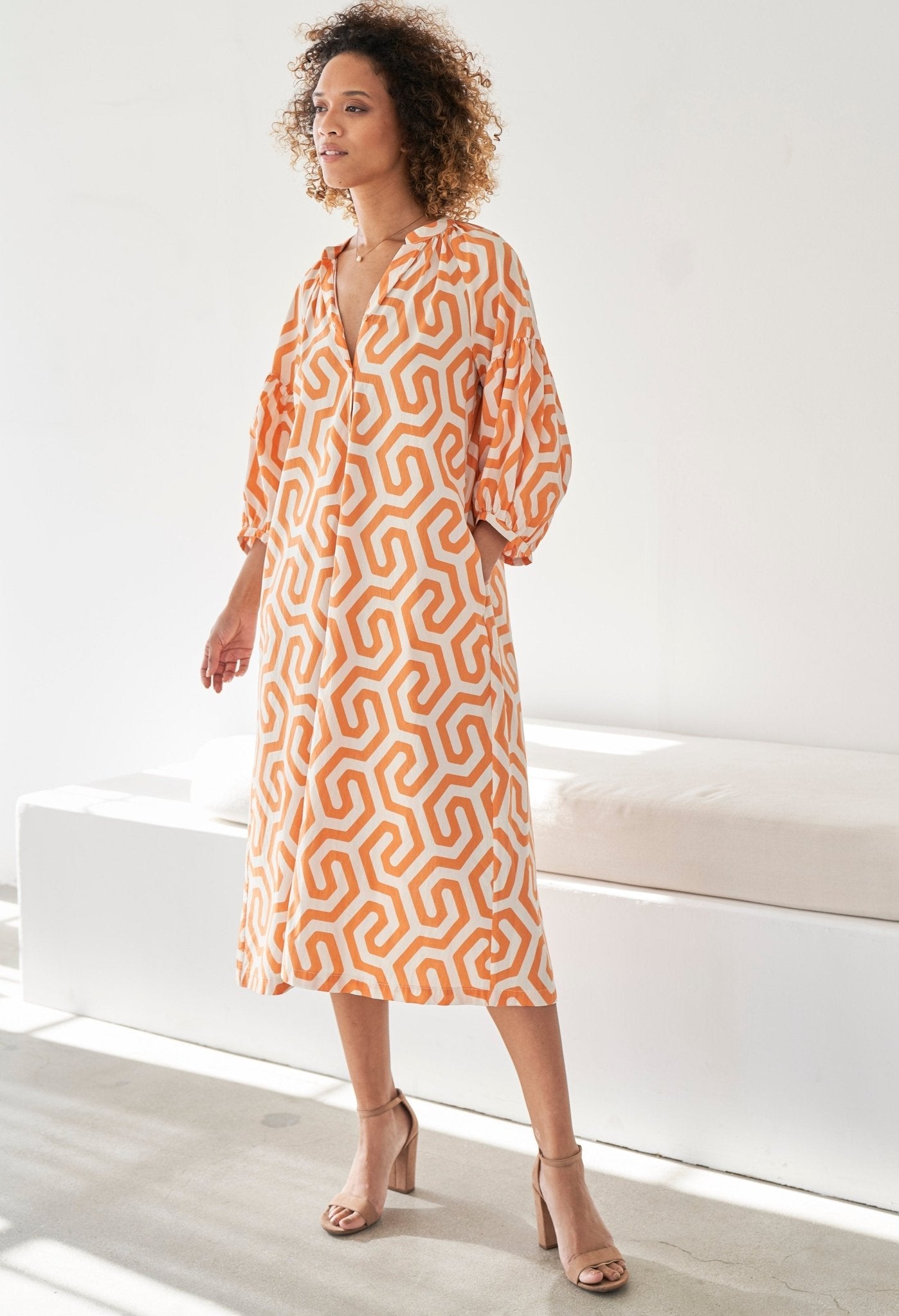 re:hOMe - Orange Geometric Cotton Belted Aubrey Peasant Dress with Pockets - ocean+main